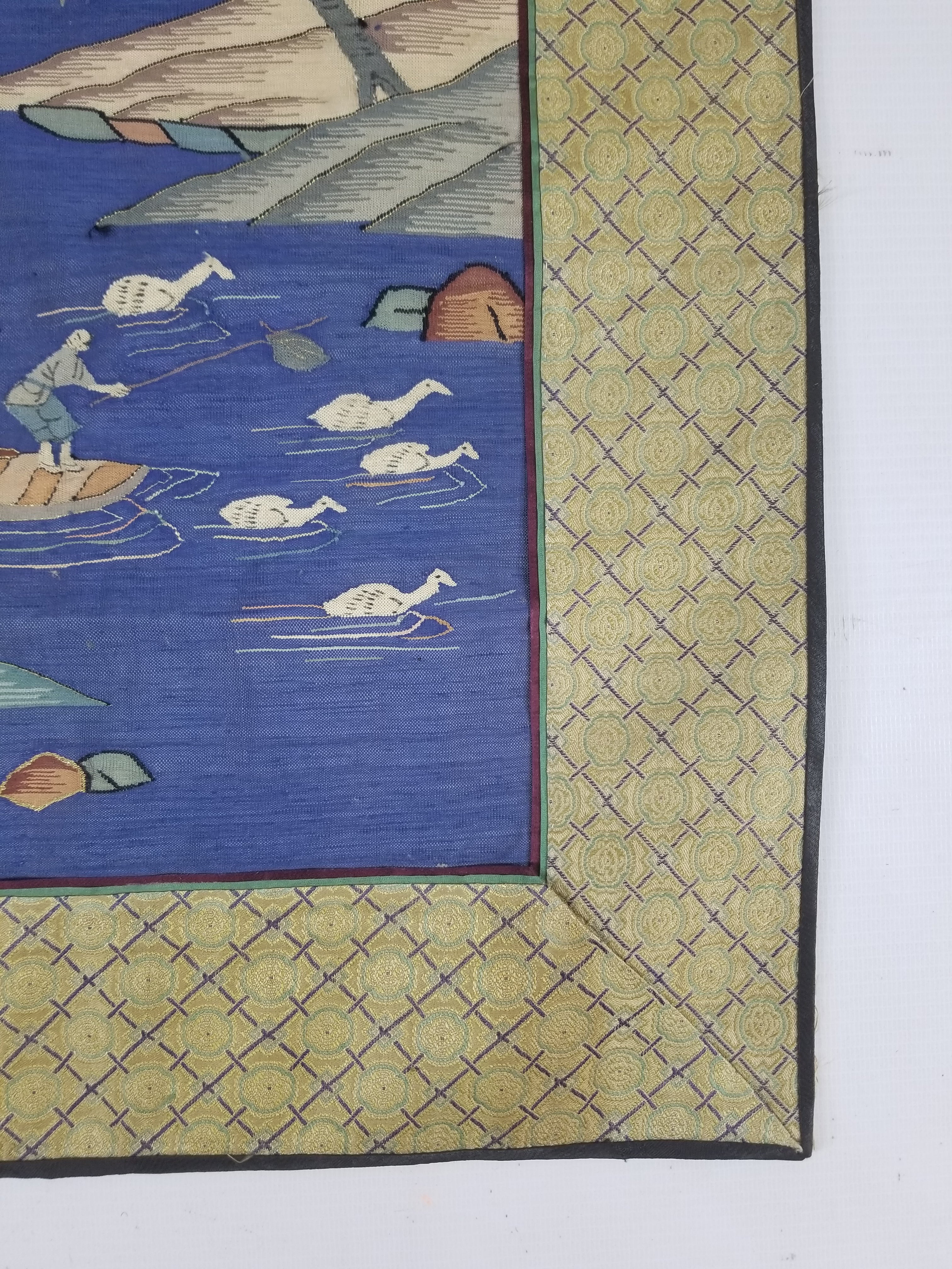 Antique Chinese Handwoven Fishermen and River Landscape Kesi Panel 110x41cm