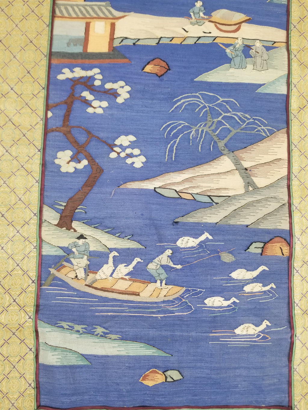 Antique Chinese Handwoven Fishermen and River Landscape Kesi Panel 110x41cm