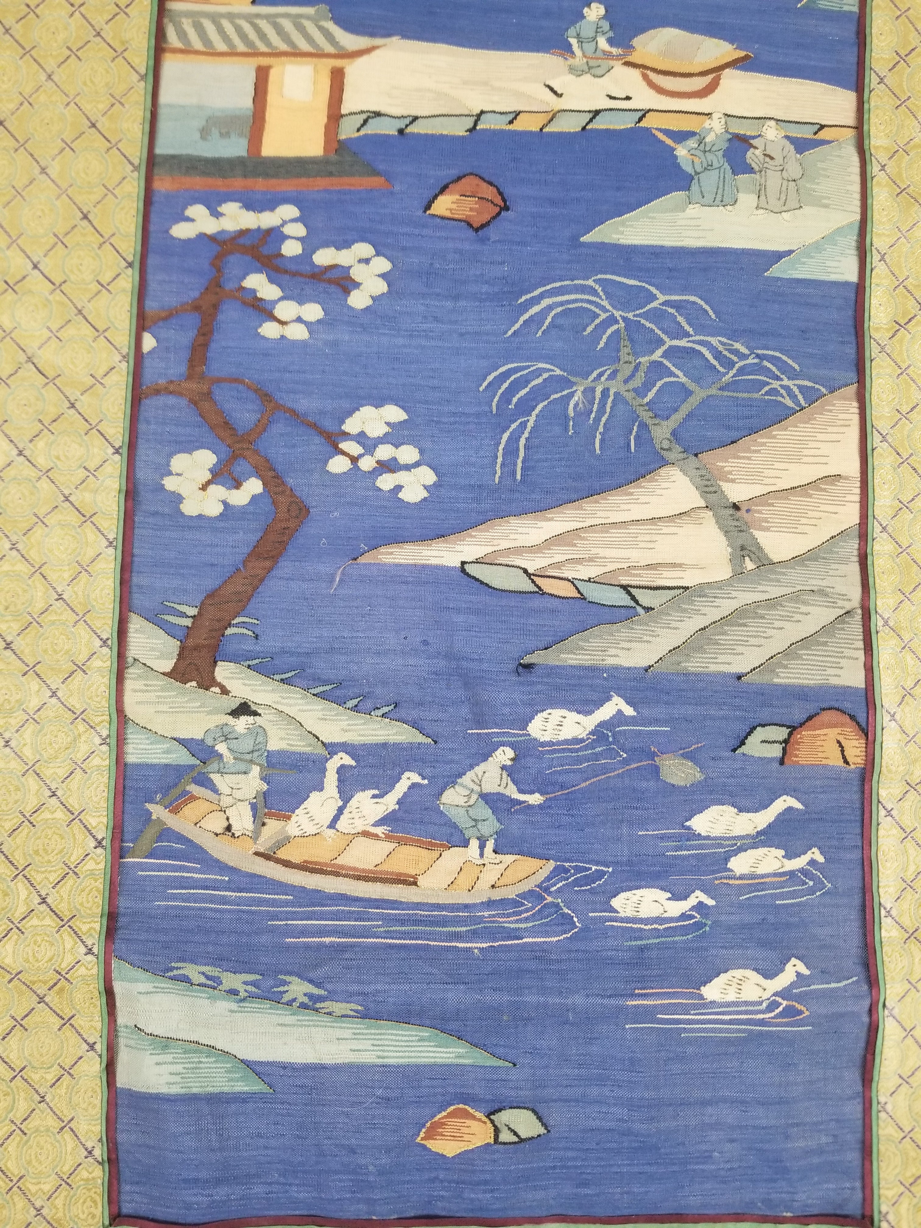 Antique Chinese Handwoven Fishermen and River Landscape Kesi Panel 110x41cm