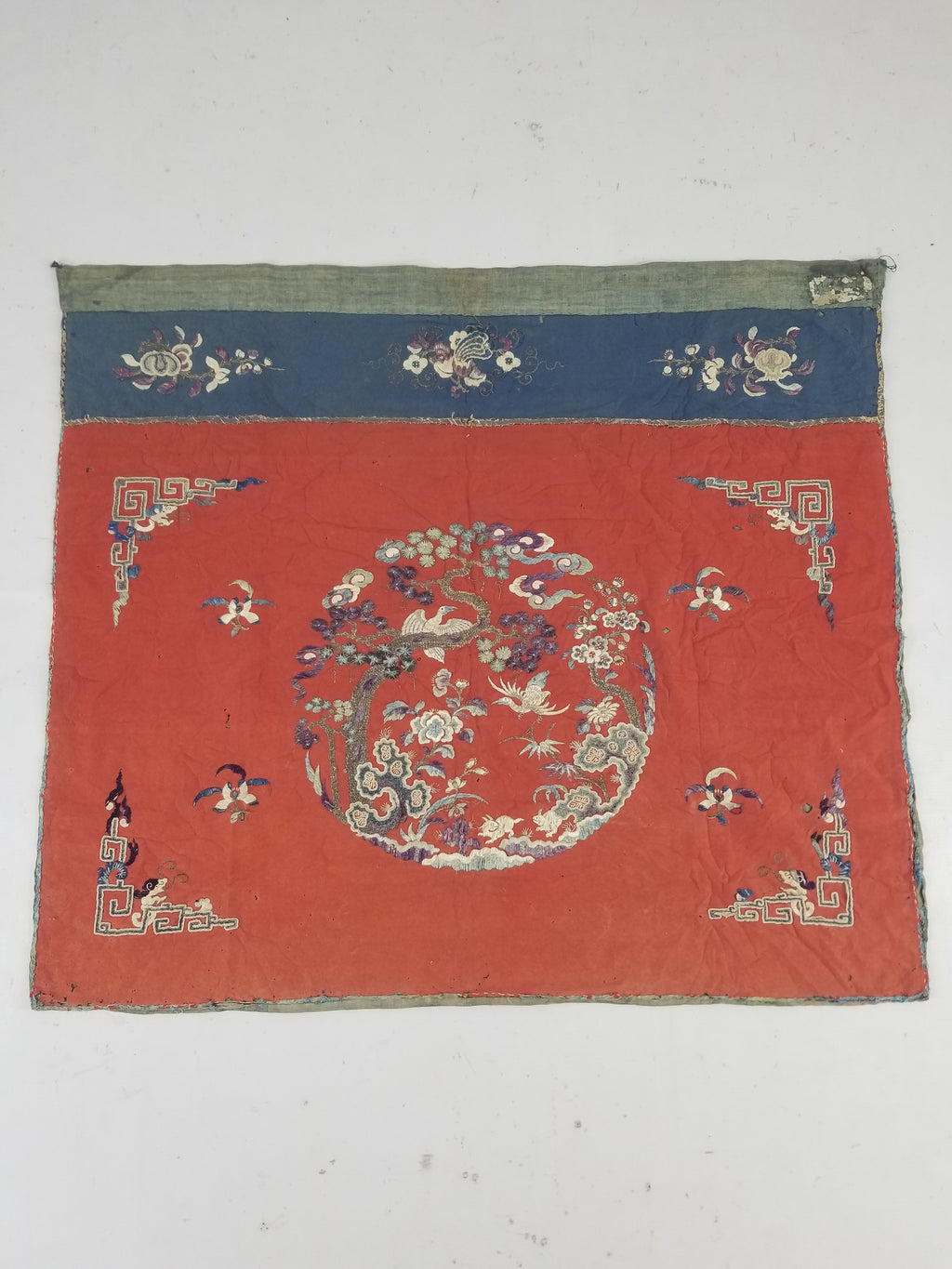 Antique Chinese Crane & Floral Silk Embroidered Metallic Thread Accent Textile Panel 94x82cm