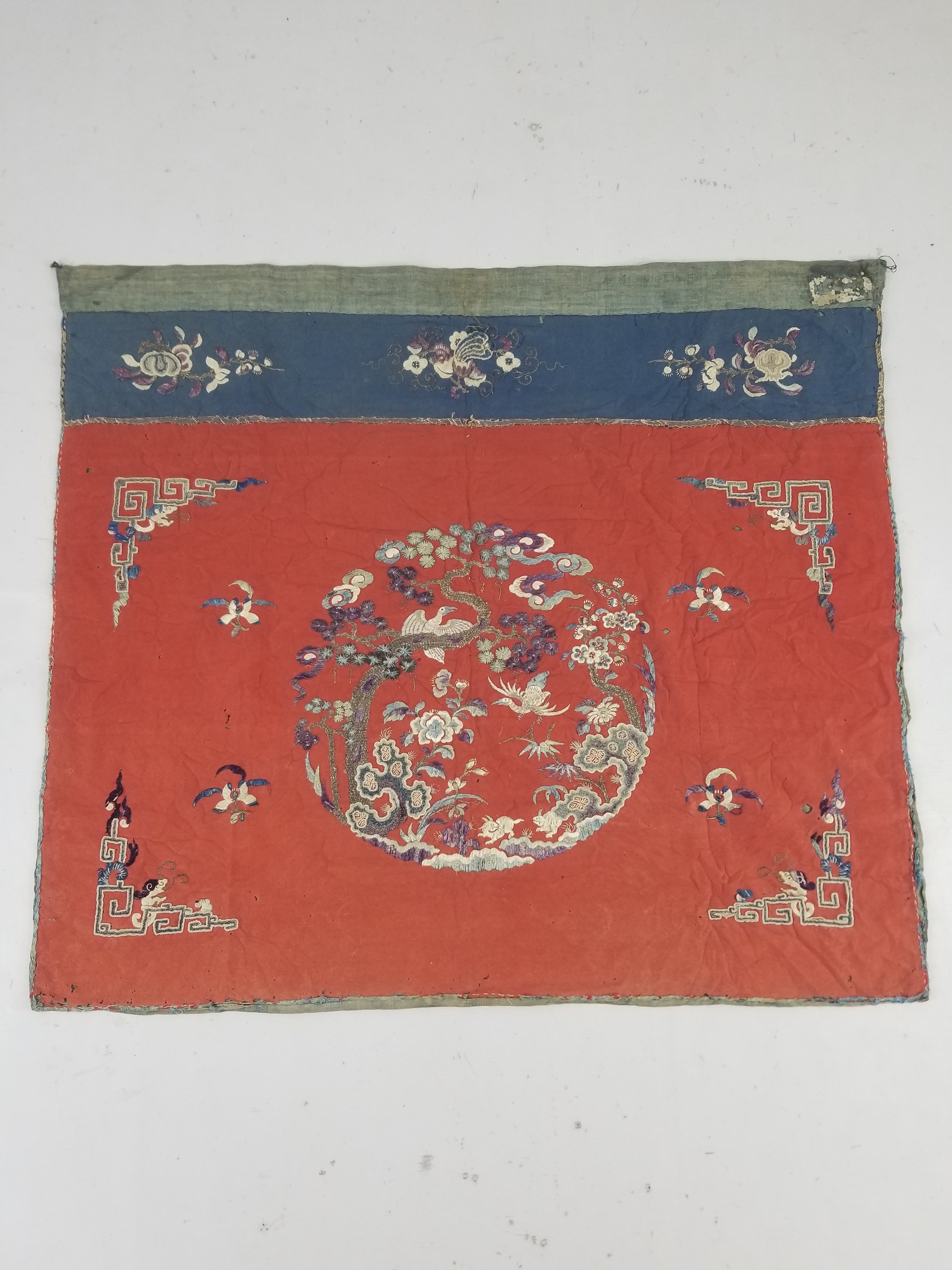 Antique Chinese Crane & Floral Silk Embroidered Metallic Thread Accent Textile Panel 94x82cm