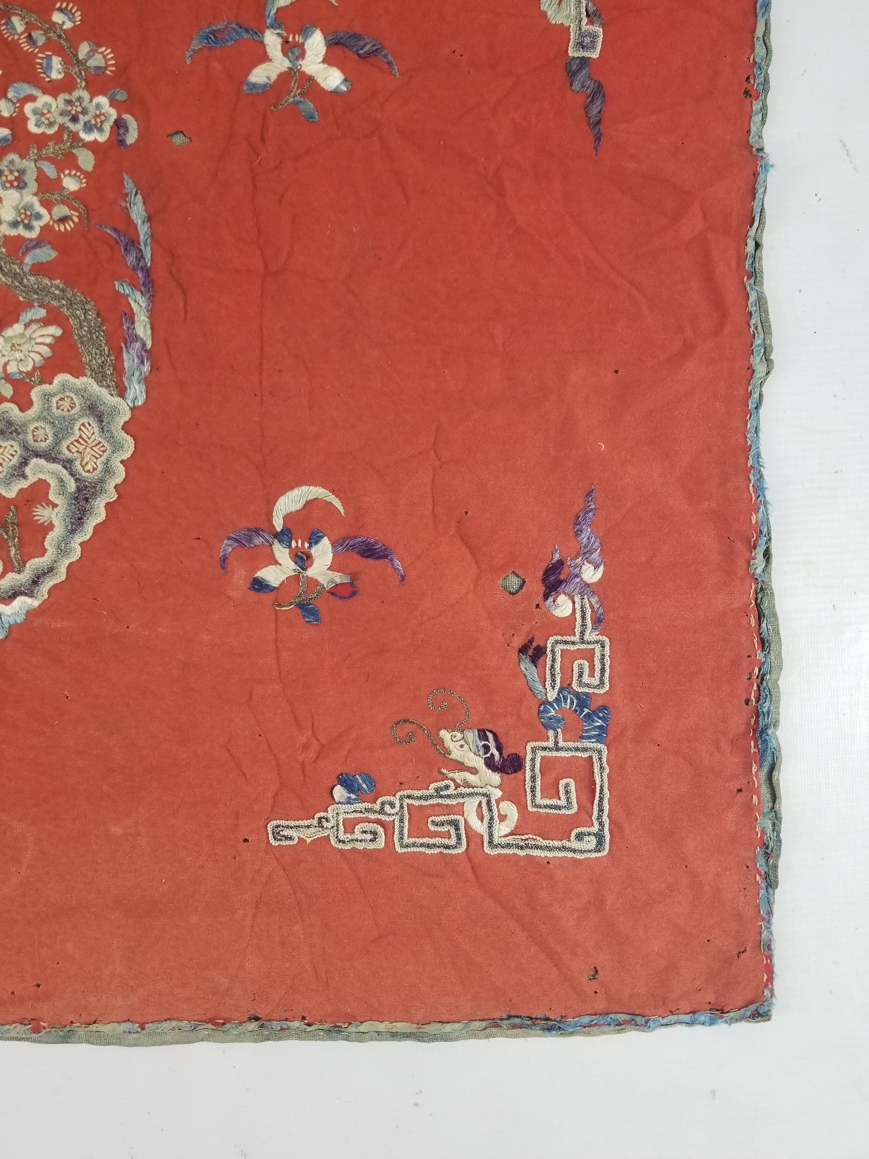 Antique Chinese Crane & Floral Silk Embroidered Metallic Thread Accent Textile Panel 94x82cm