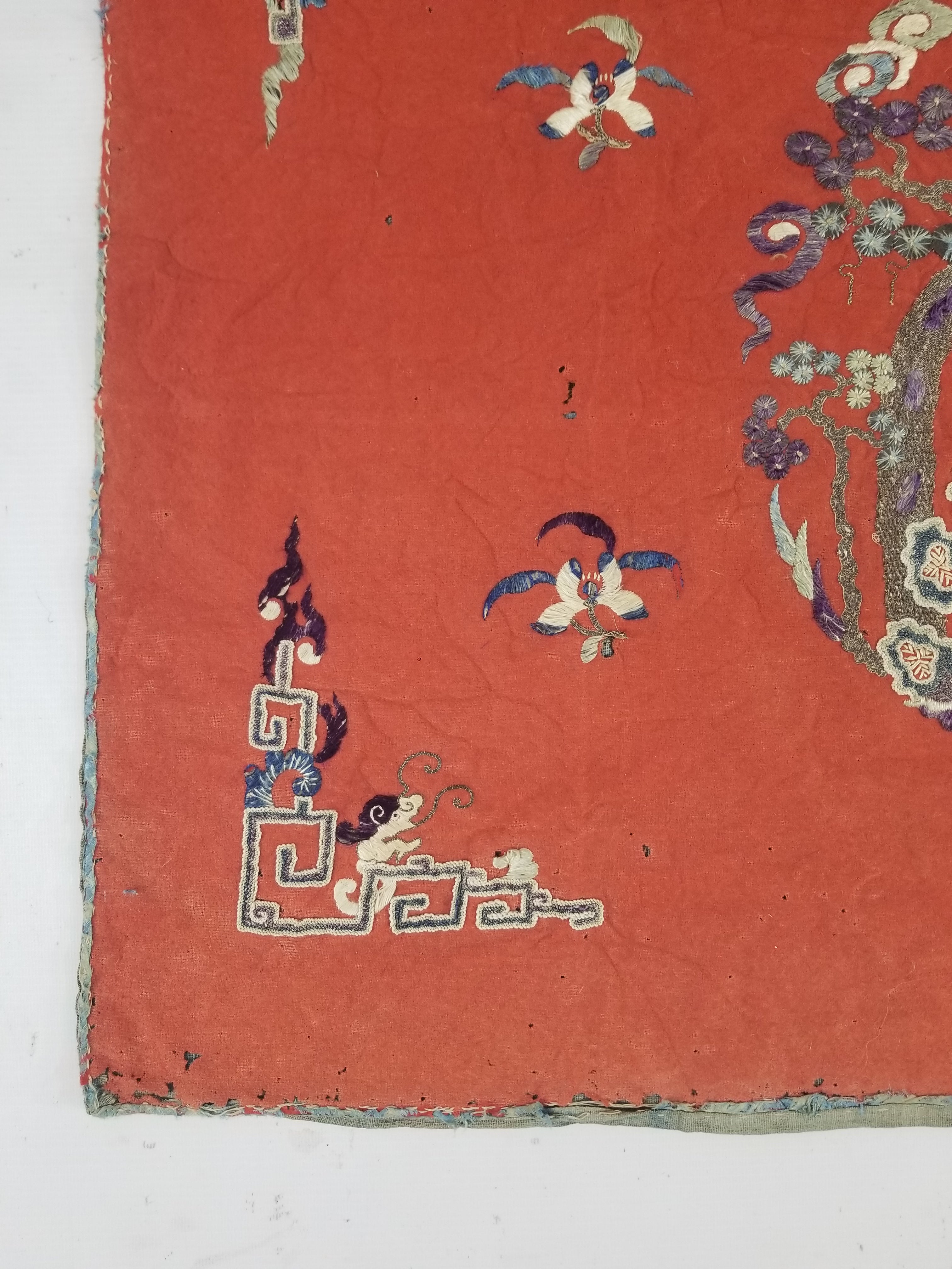 Antique Chinese Crane & Floral Silk Embroidered Metallic Thread Accent Textile Panel 94x82cm