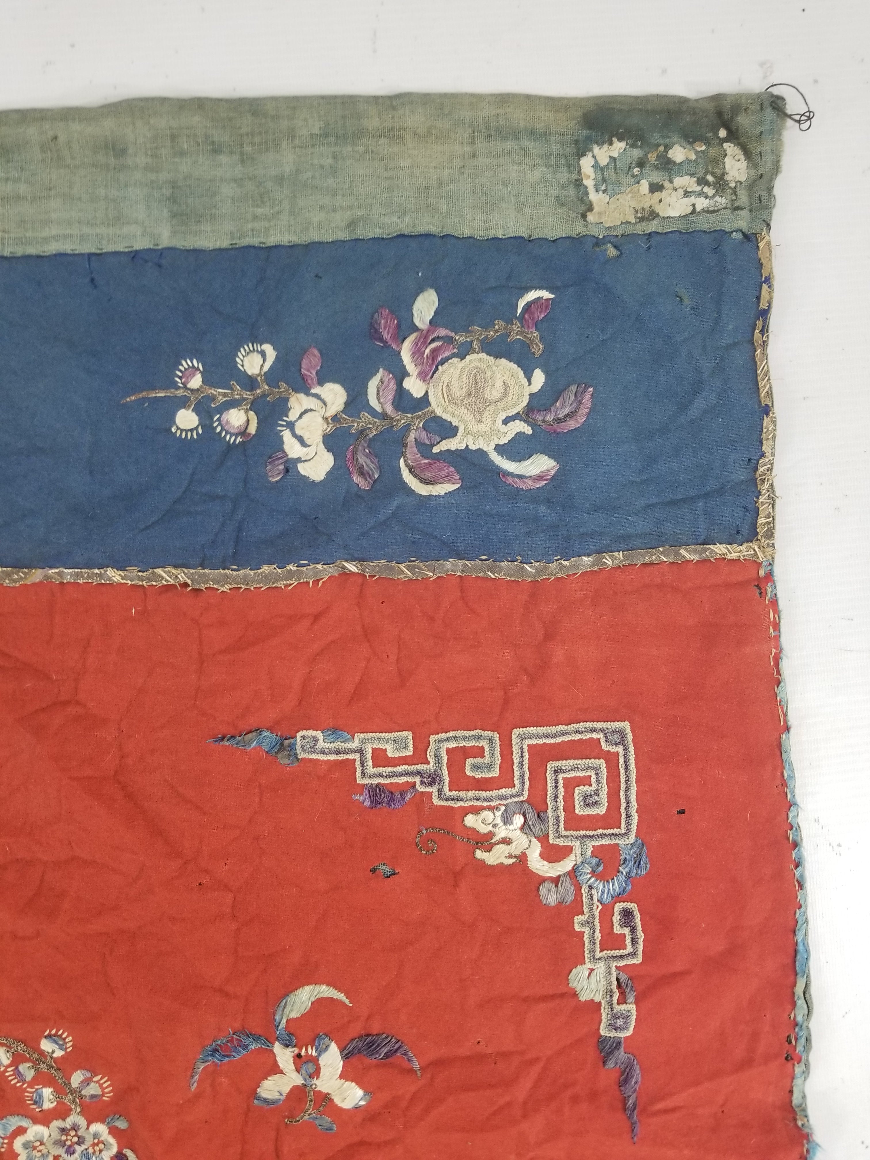 Antique Chinese Crane & Floral Silk Embroidered Metallic Thread Accent Textile Panel 94x82cm