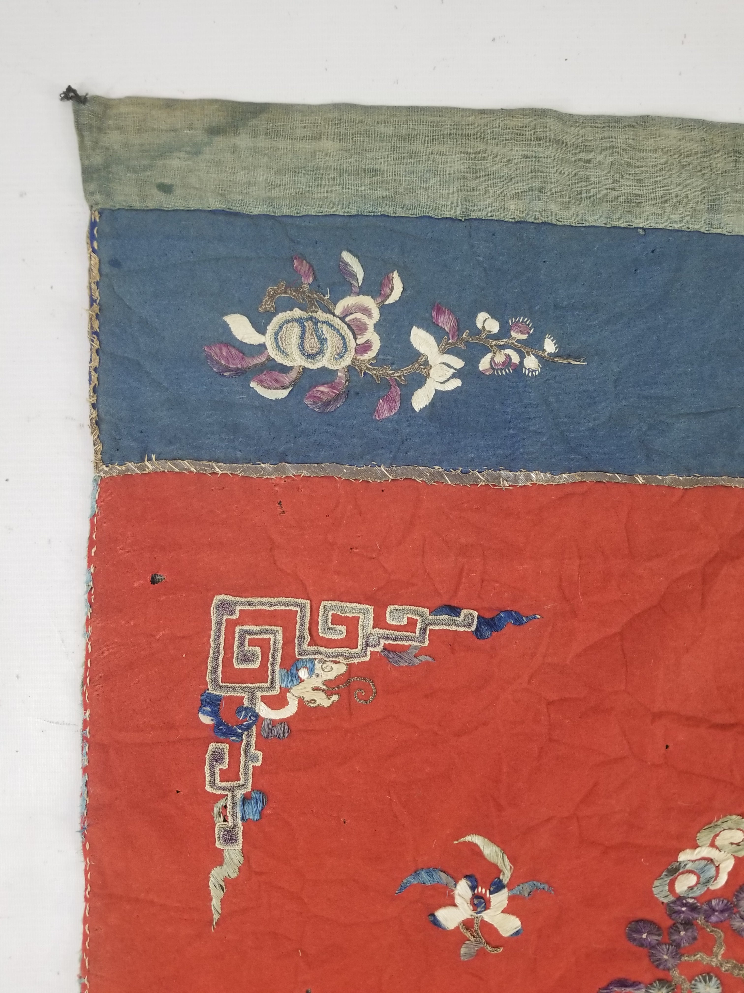 Antique Chinese Crane & Floral Silk Embroidered Metallic Thread Accent Textile Panel 94x82cm