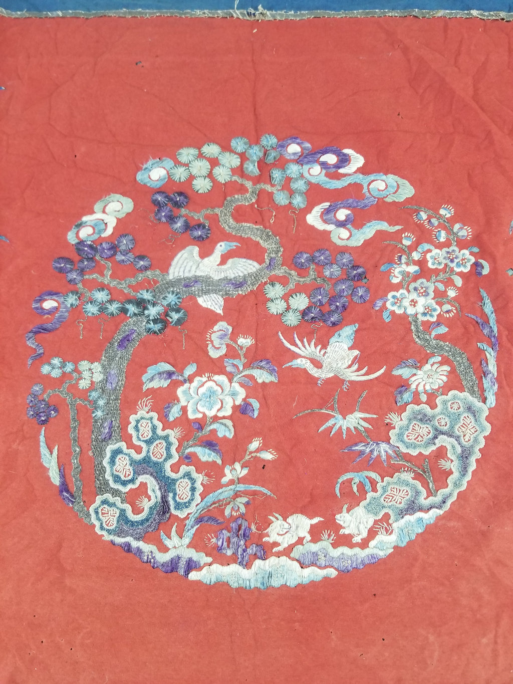 Antique Chinese Crane & Floral Silk Embroidered Metallic Thread Accent Textile Panel 94x82cm