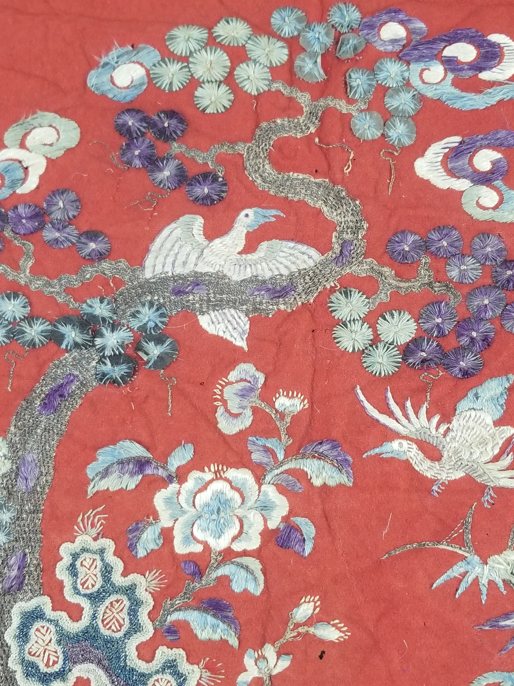 Antique Chinese Crane & Floral Silk Embroidered Metallic Thread Accent Textile Panel 94x82cm