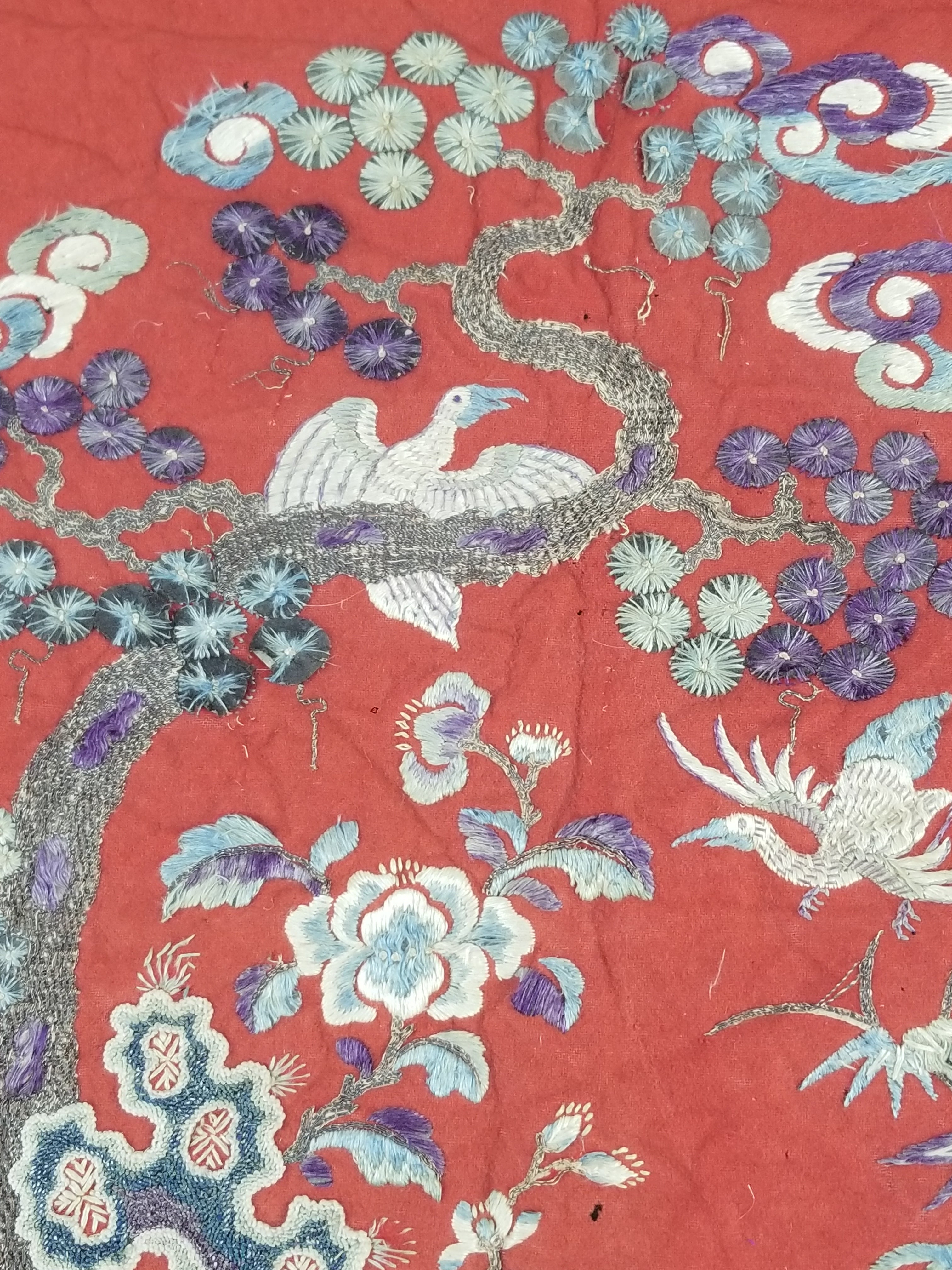 Antique Chinese Crane & Floral Silk Embroidered Metallic Thread Accent Textile Panel 94x82cm