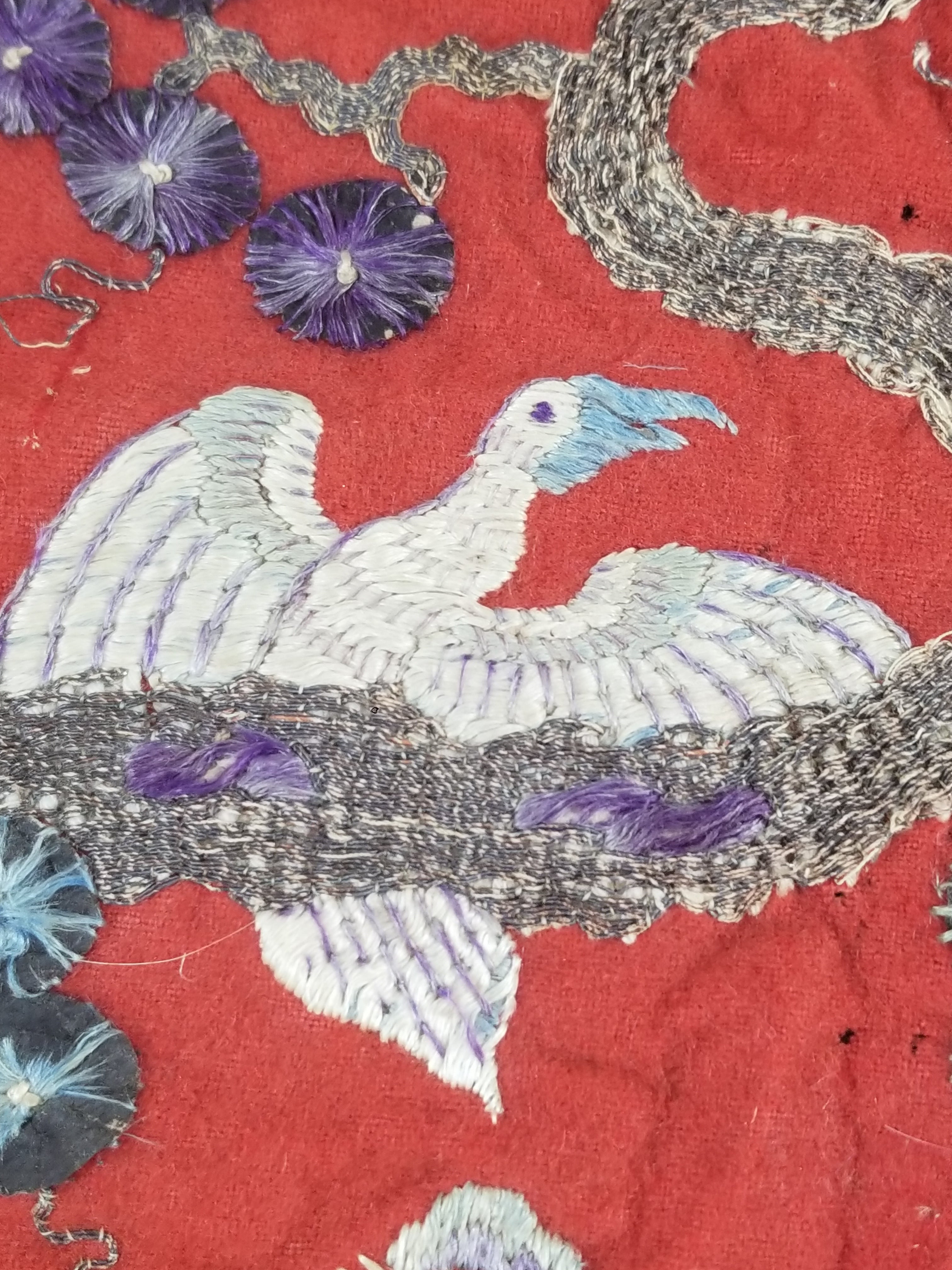 Antique Chinese Crane & Floral Silk Embroidered Metallic Thread Accent Textile Panel 94x82cm