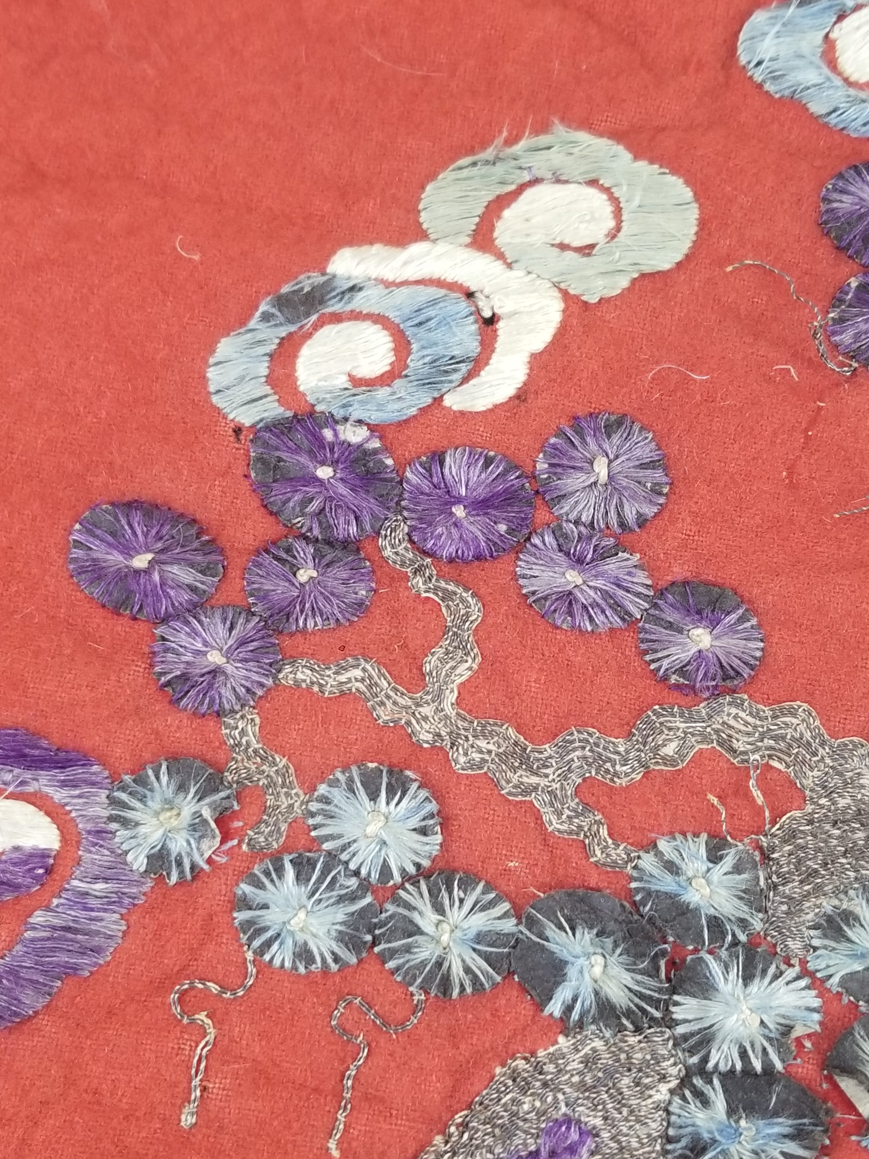 Antique Chinese Crane & Floral Silk Embroidered Metallic Thread Accent Textile Panel 94x82cm