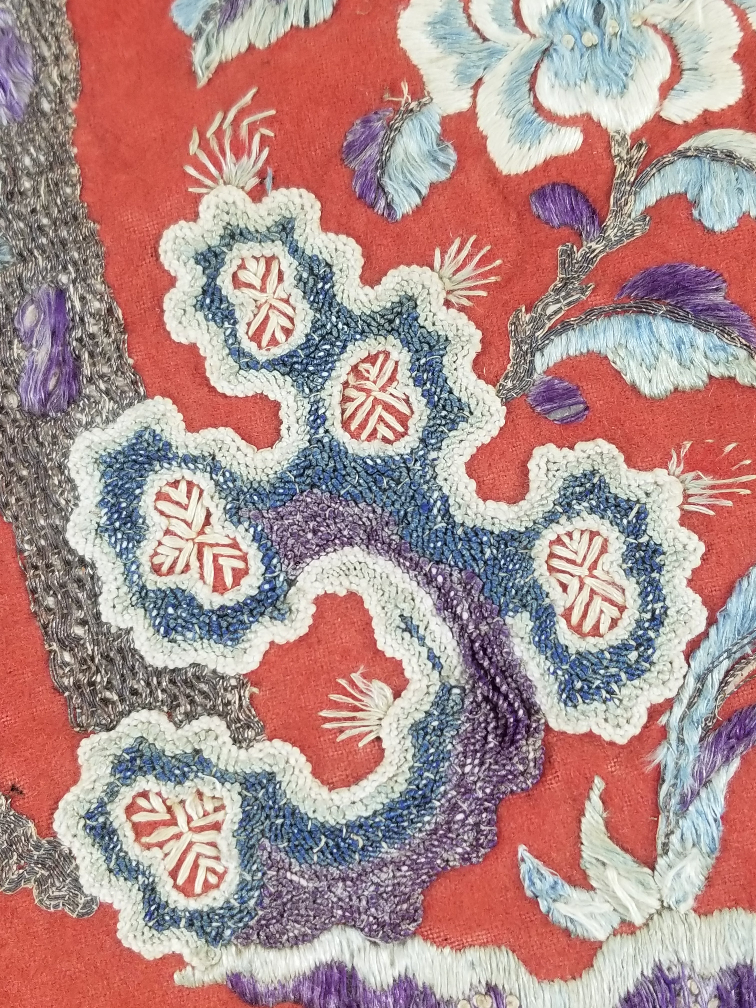 Antique Chinese Crane & Floral Silk Embroidered Metallic Thread Accent Textile Panel 94x82cm