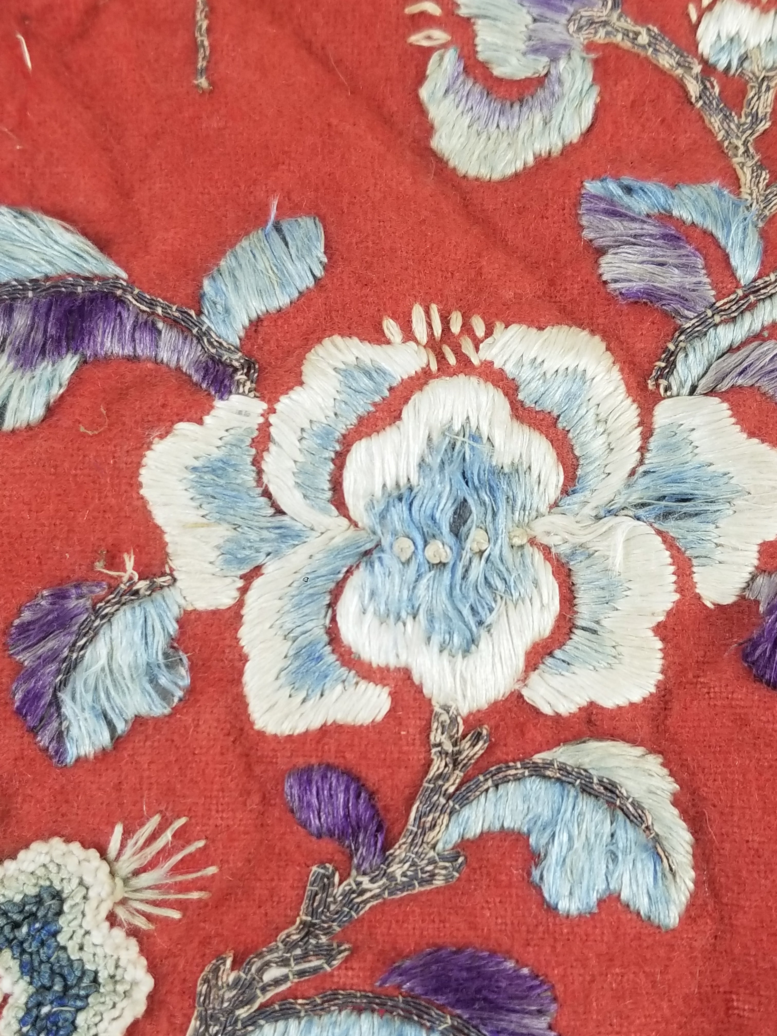 Antique Chinese Crane & Floral Silk Embroidered Metallic Thread Accent Textile Panel 94x82cm