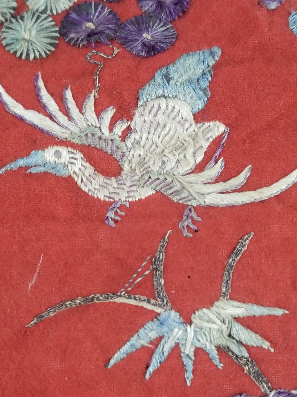 Antique Chinese Crane & Floral Silk Embroidered Metallic Thread Accent Textile Panel 94x82cm
