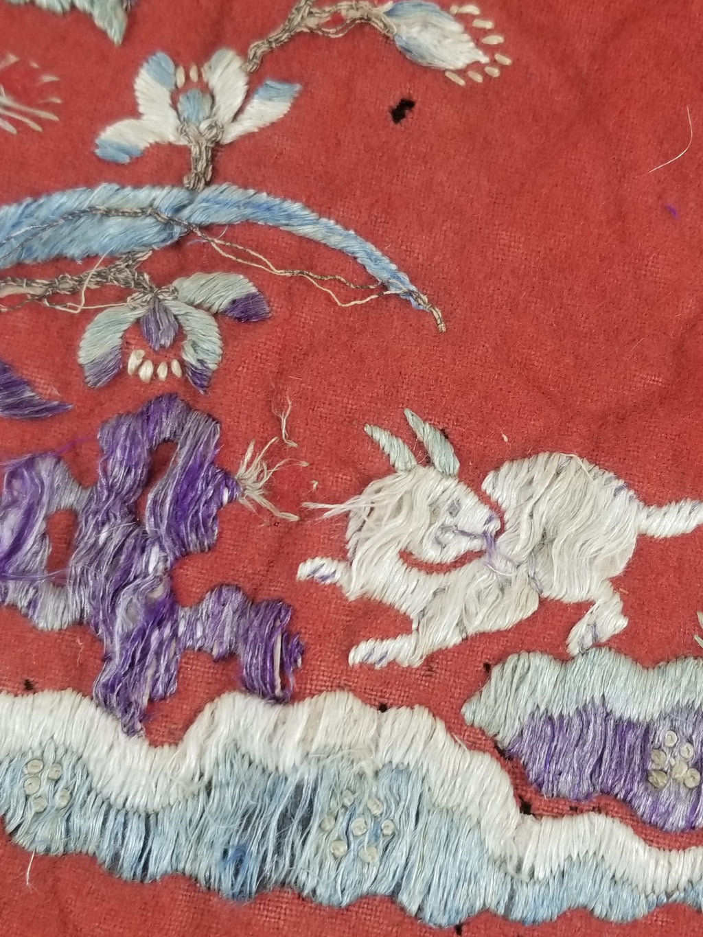 Antique Chinese Crane & Floral Silk Embroidered Metallic Thread Accent Textile Panel 94x82cm