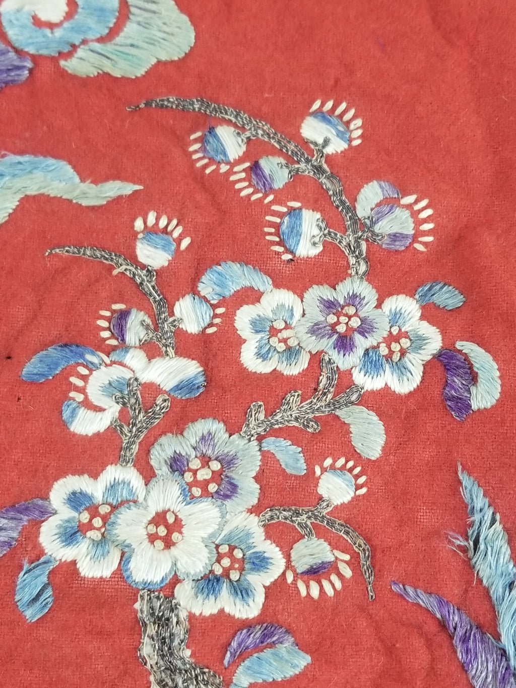 Antique Chinese Crane & Floral Silk Embroidered Metallic Thread Accent Textile Panel 94x82cm