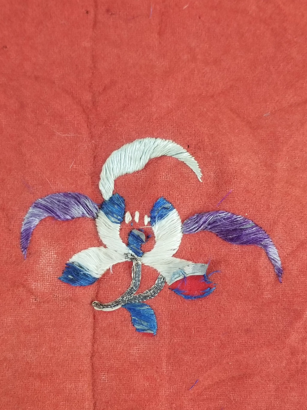 Antique Chinese Crane & Floral Silk Embroidered Metallic Thread Accent Textile Panel 94x82cm