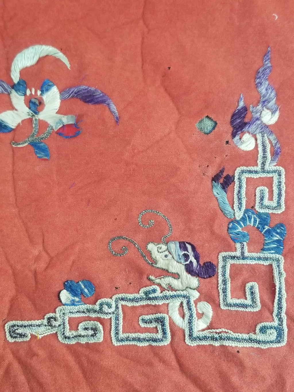 Antique Chinese Crane & Floral Silk Embroidered Metallic Thread Accent Textile Panel 94x82cm