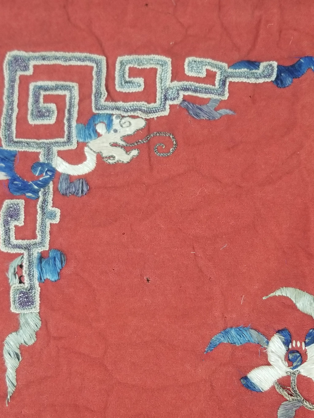 Antique Chinese Crane & Floral Silk Embroidered Metallic Thread Accent Textile Panel 94x82cm
