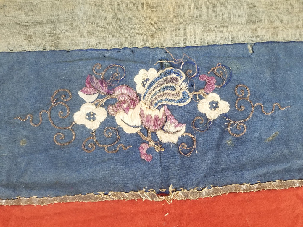 Antique Chinese Crane & Floral Silk Embroidered Metallic Thread Accent Textile Panel 94x82cm