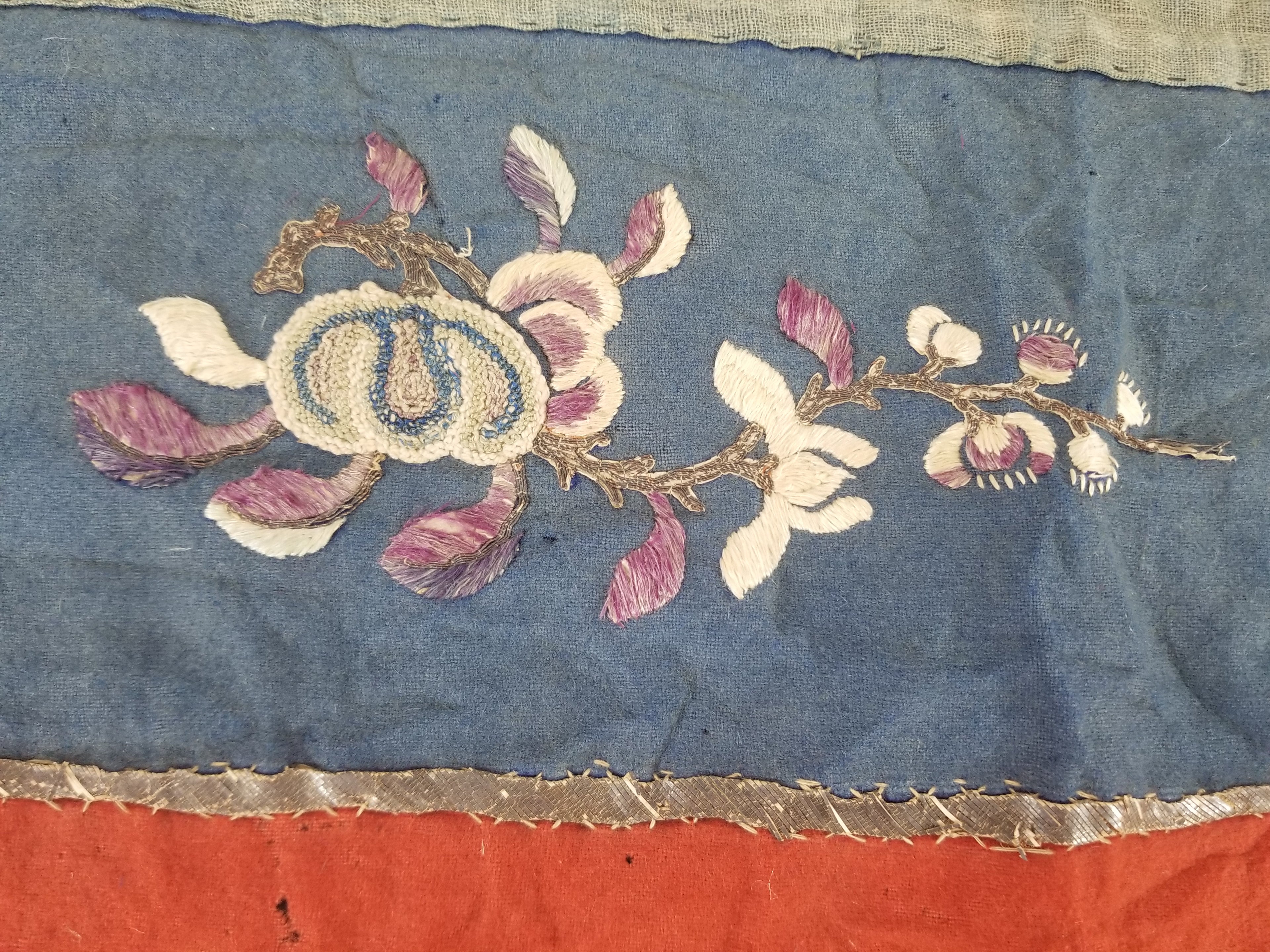 Antique Chinese Crane & Floral Silk Embroidered Metallic Thread Accent Textile Panel 94x82cm