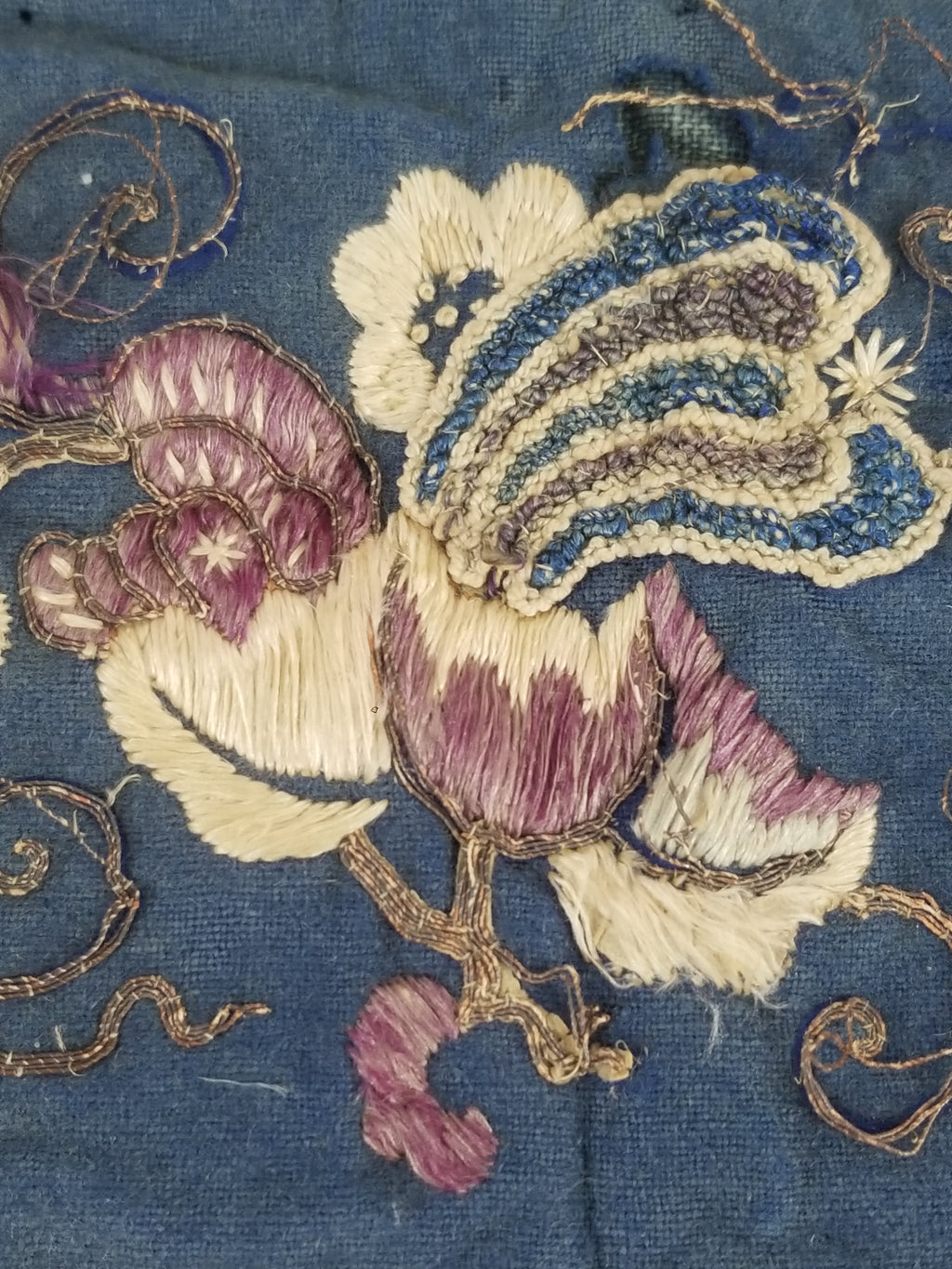 Antique Chinese Crane & Floral Silk Embroidered Metallic Thread Accent Textile Panel 94x82cm
