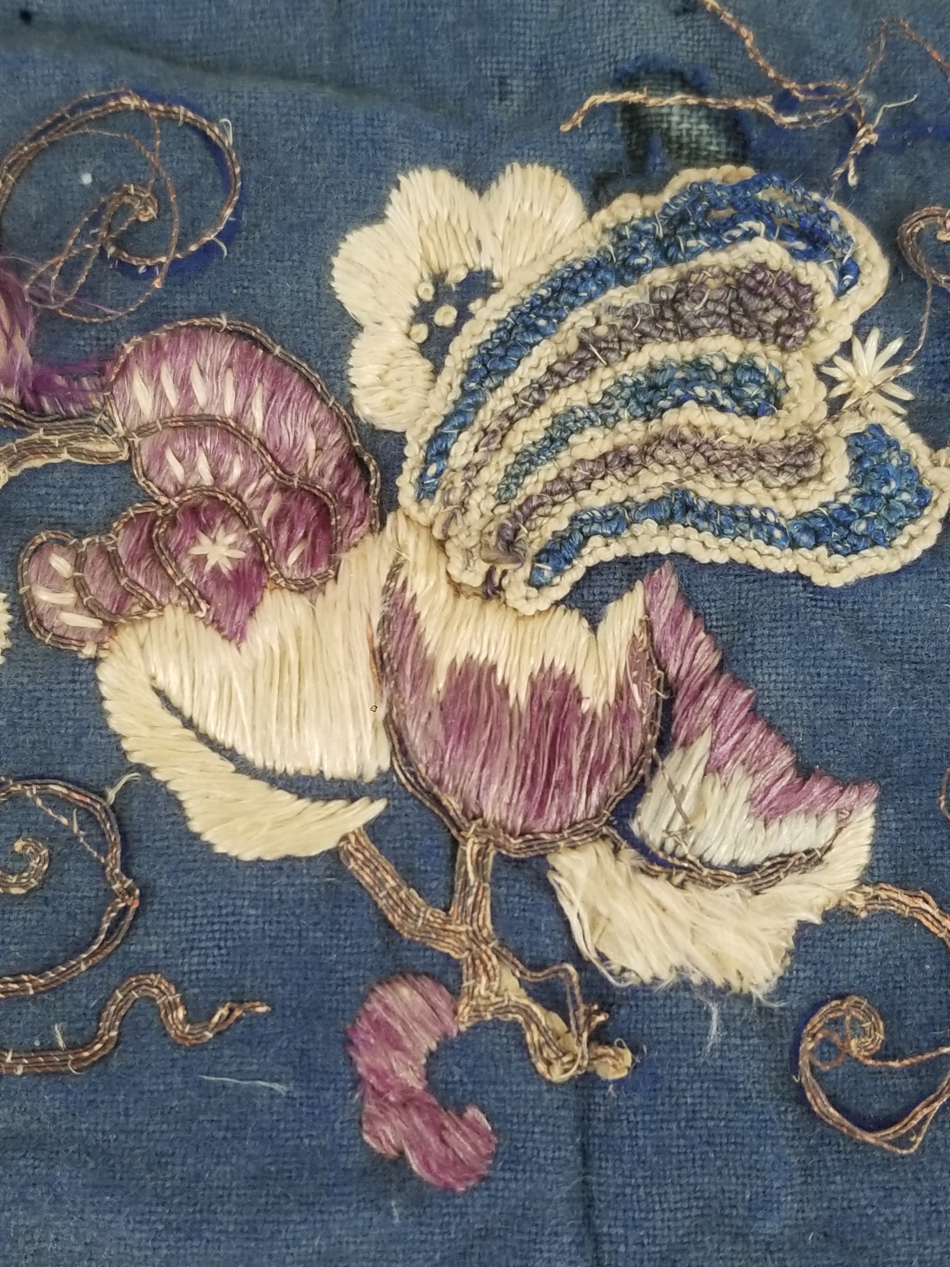 Antique Chinese Crane & Floral Silk Embroidered Metallic Thread Accent Textile Panel 94x82cm
