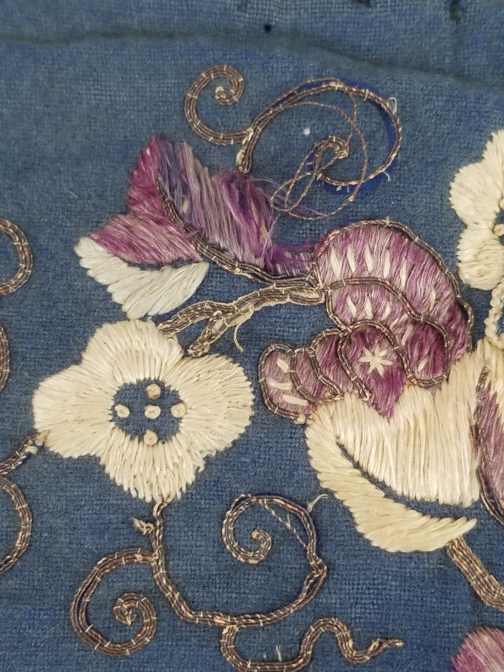Antique Chinese Crane & Floral Silk Embroidered Metallic Thread Accent Textile Panel 94x82cm