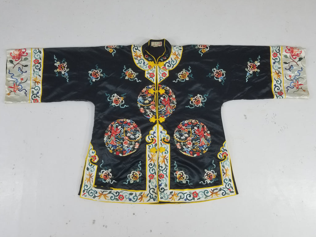 Vintage Chinese Hand Embroidered Floral & Figural Silk Jacket