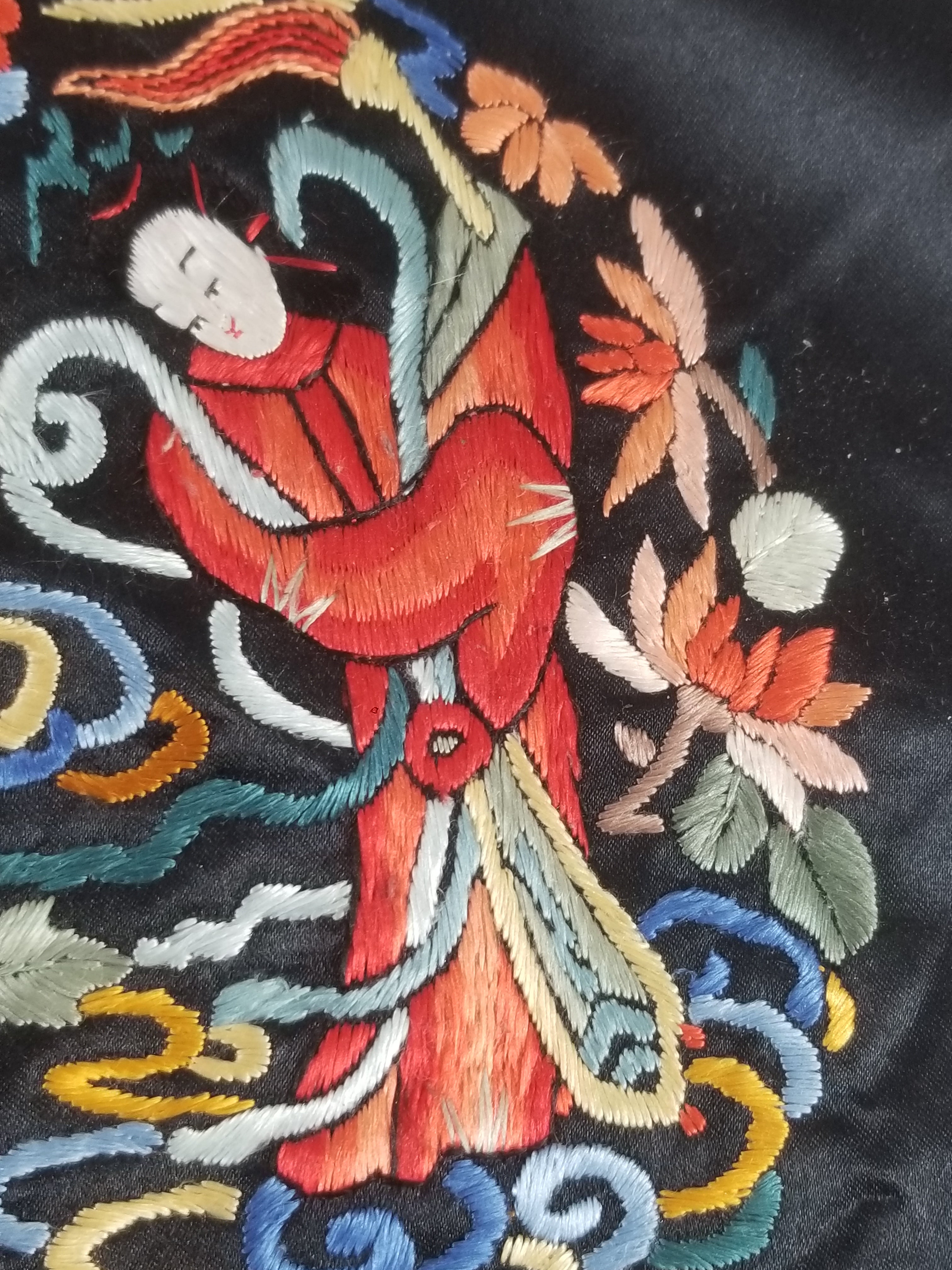 Vintage Chinese Hand Embroidered Floral & Figural Silk Jacket