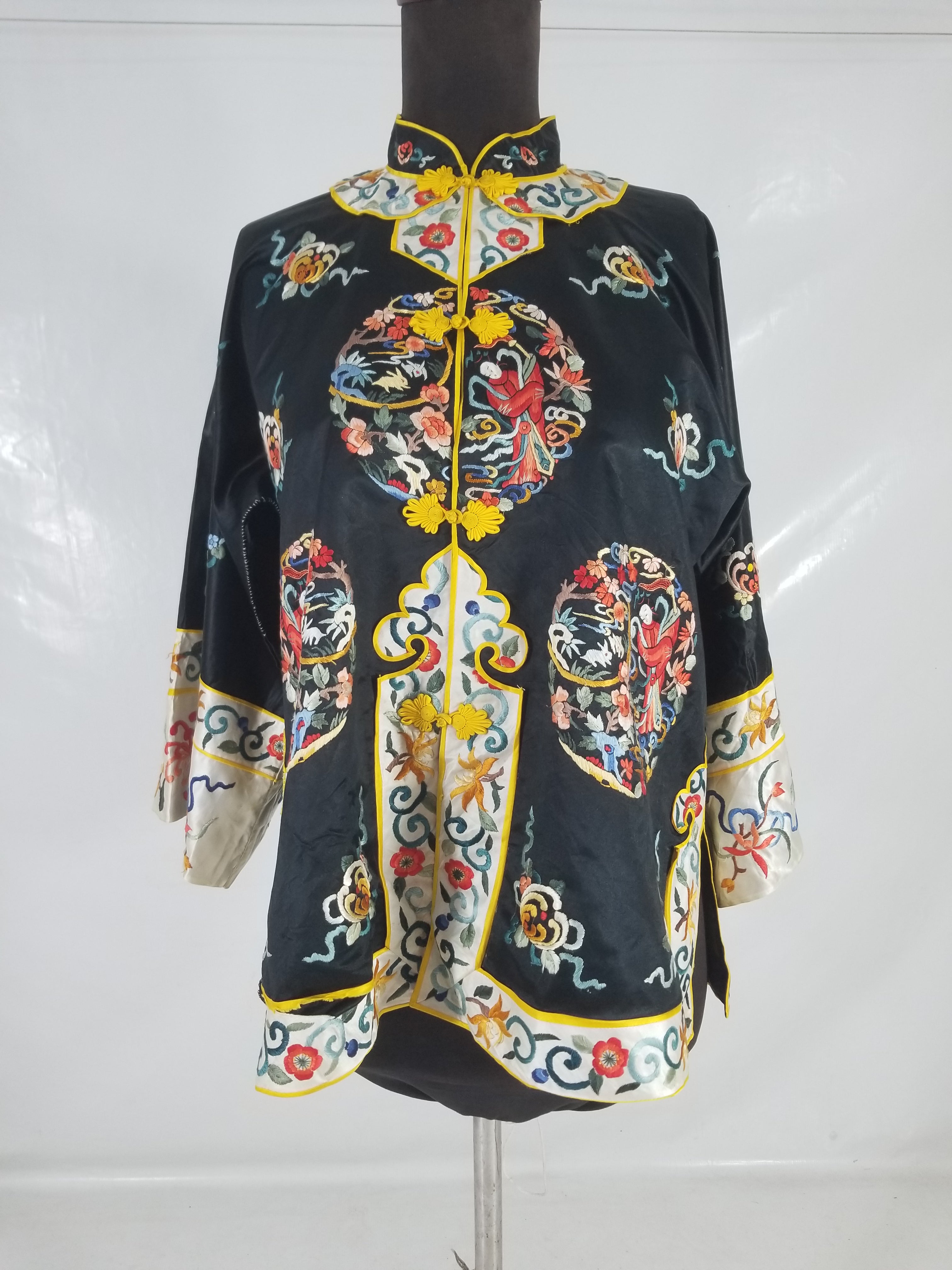 Vintage Chinese Hand Embroidered Floral & Figural Silk Jacket