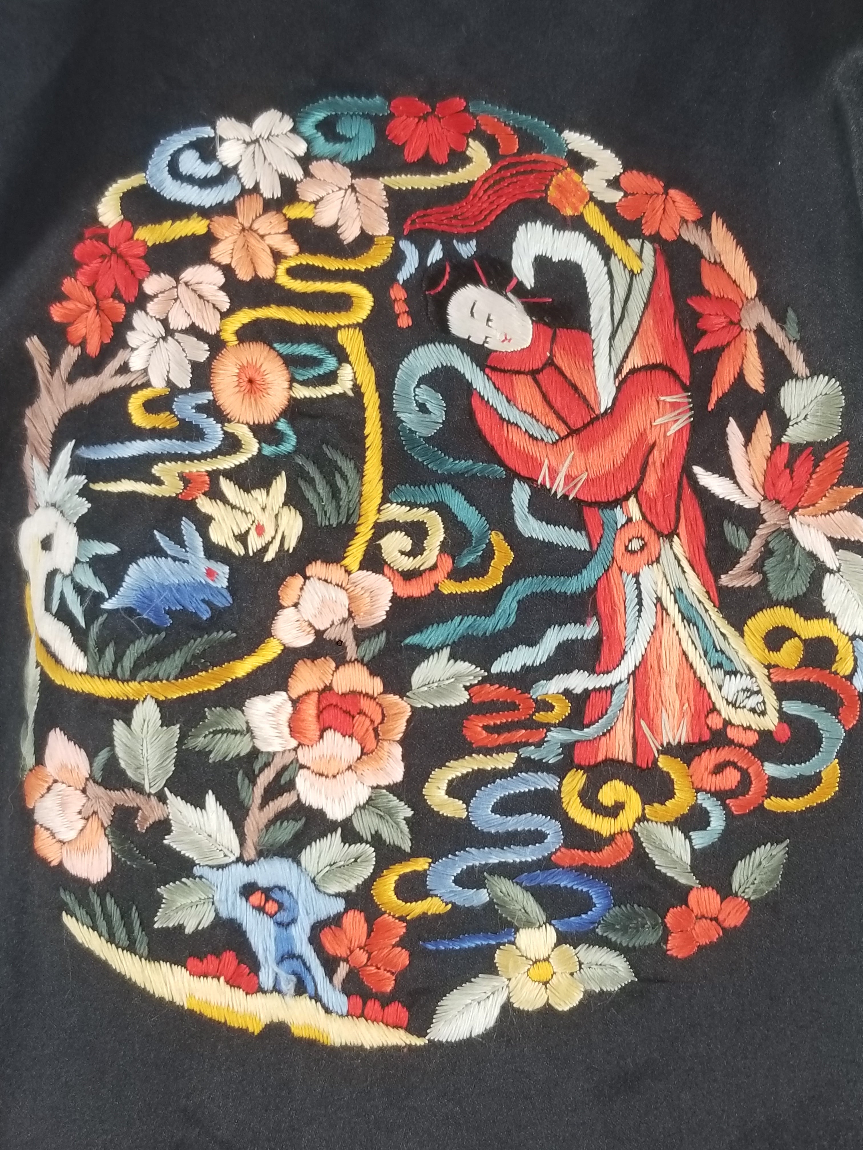 Vintage Chinese Hand Embroidered Floral & Figural Silk Jacket