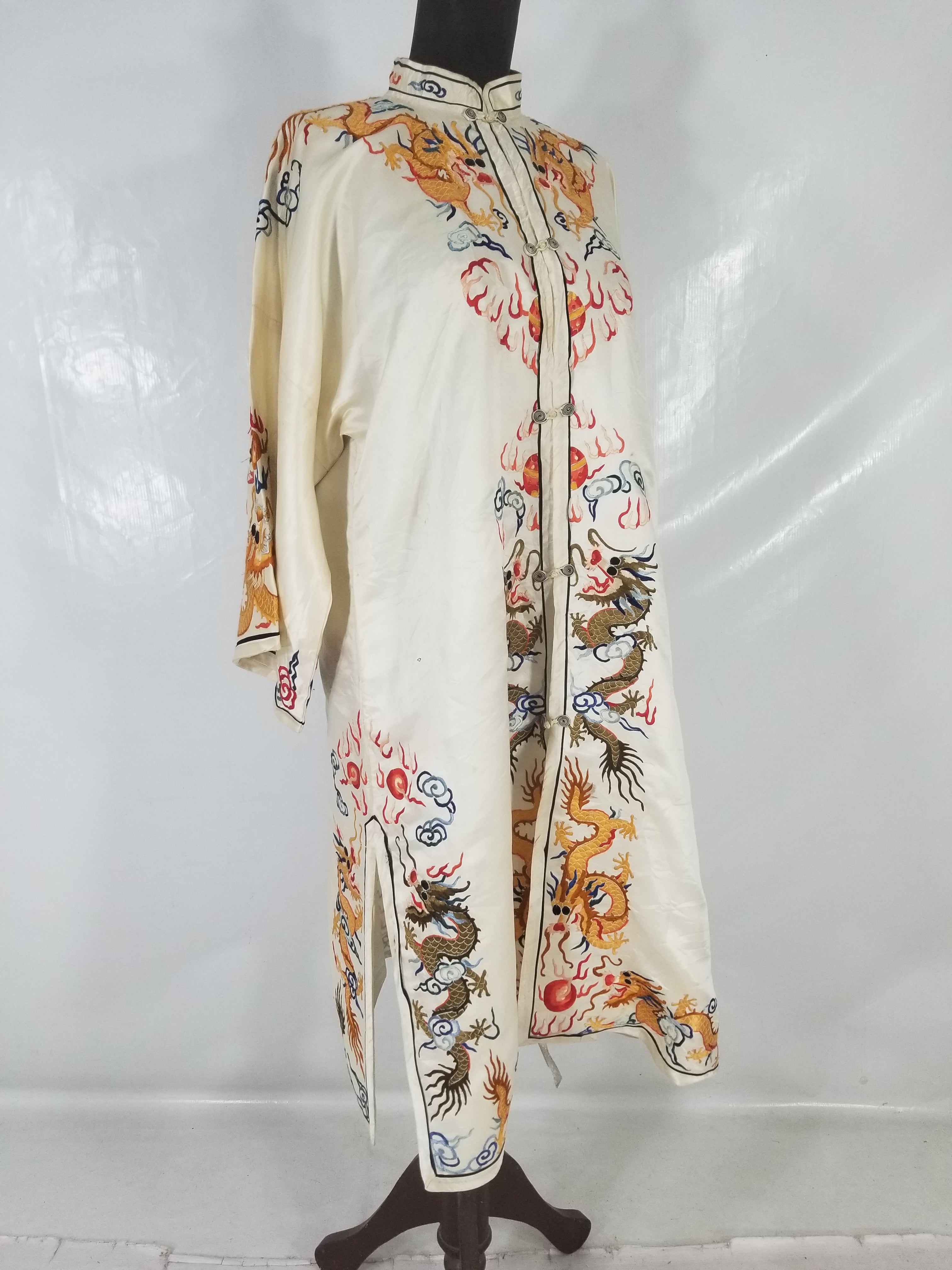 Vintage Chinese Hand Embroidered Dragon Silk Robe