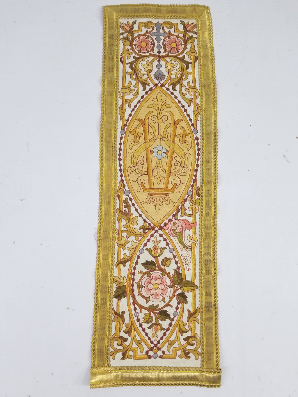 Antique French Gothic Revival Silk Embroidered Church Textile Fragment 75x23cm