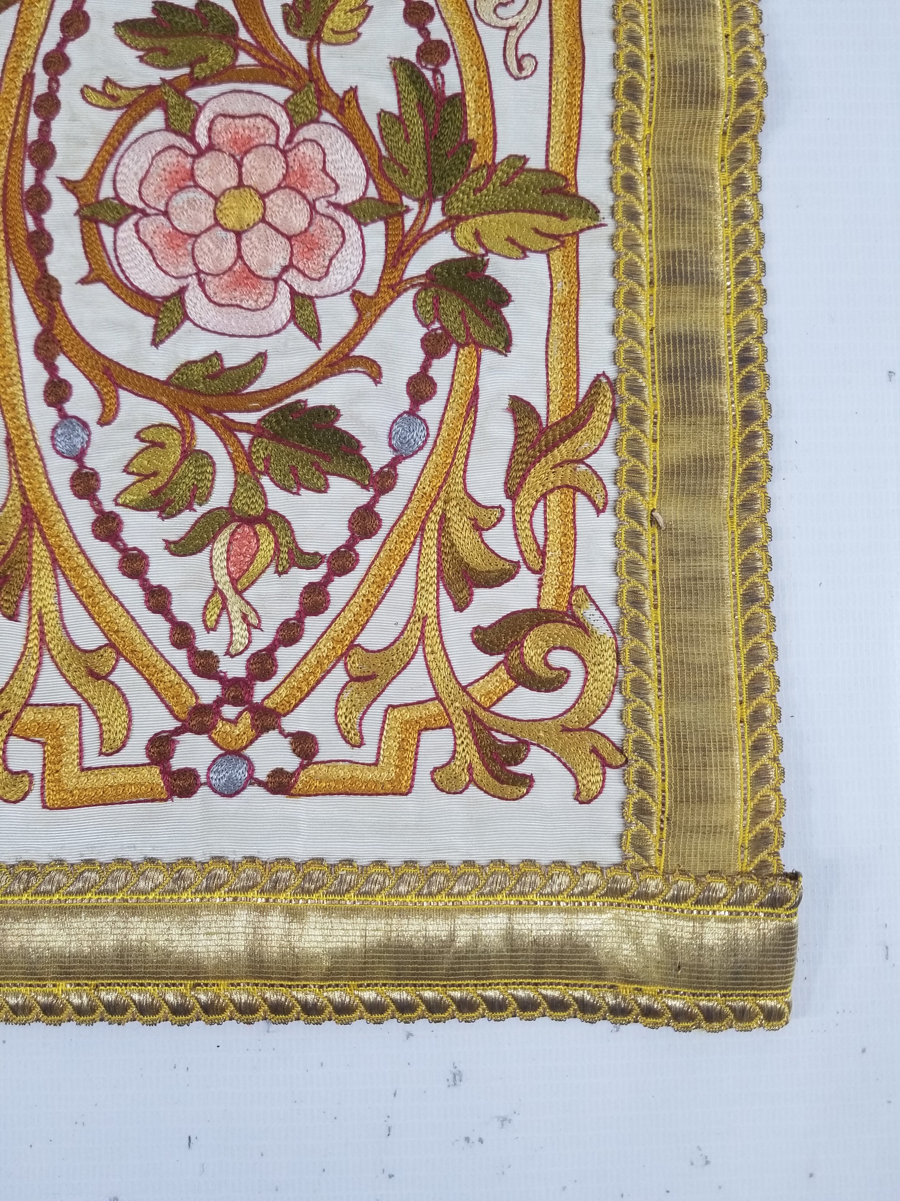 Antique French Gothic Revival Silk Embroidered Church Textile Fragment 75x23cm