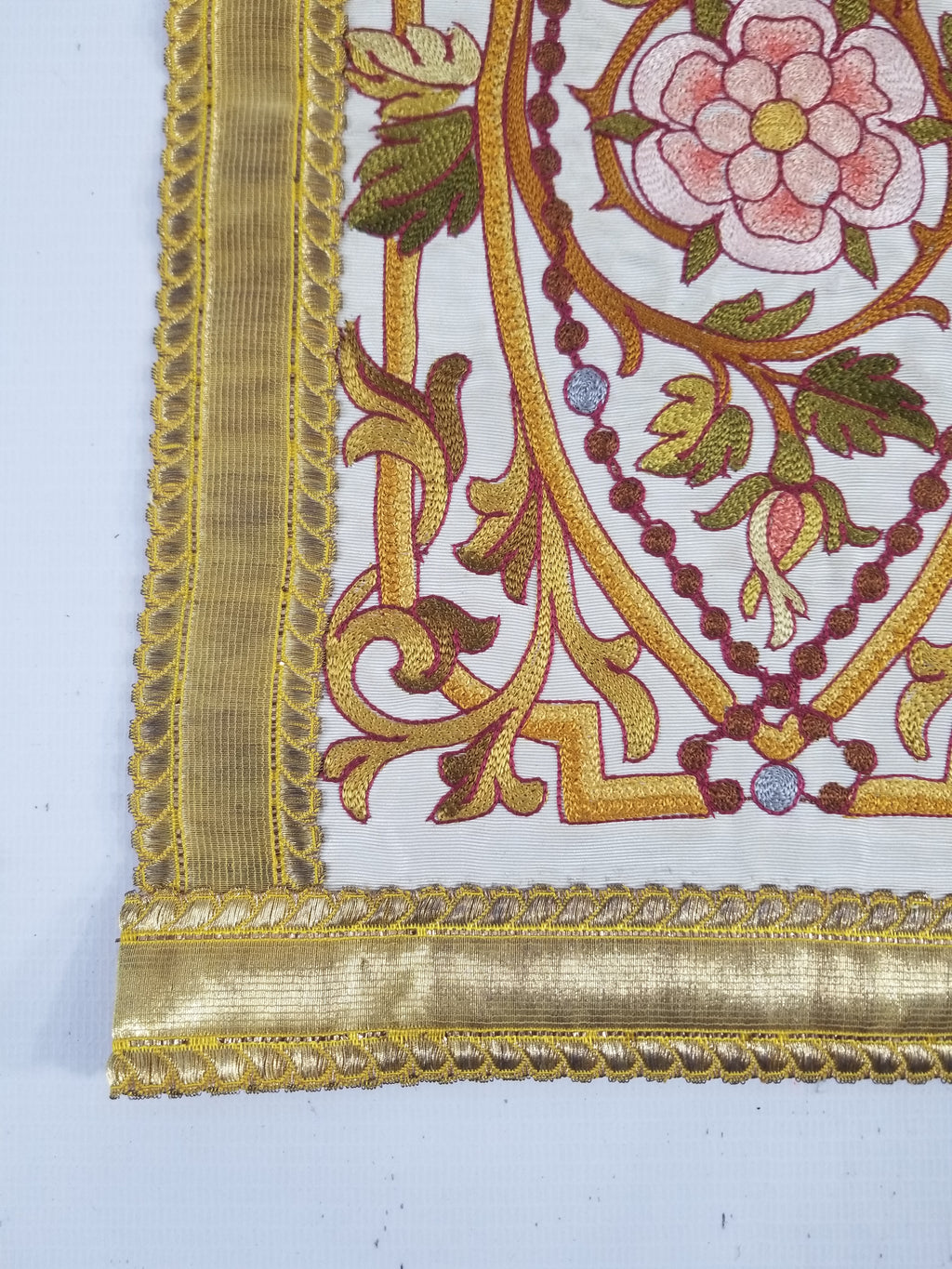 Antique French Gothic Revival Silk Embroidered Church Textile Fragment 75x23cm