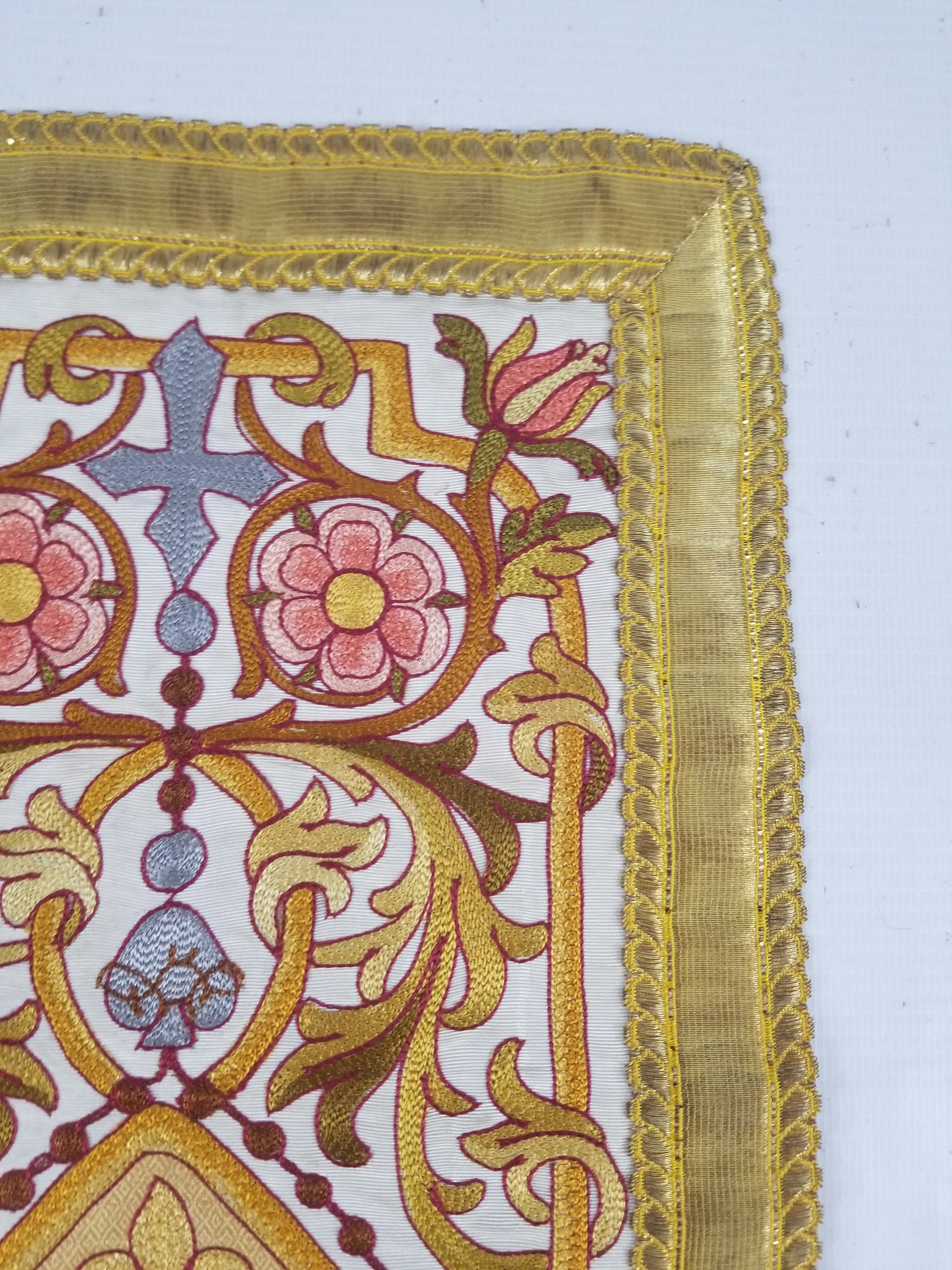 Antique French Gothic Revival Silk Embroidered Church Textile Fragment 75x23cm
