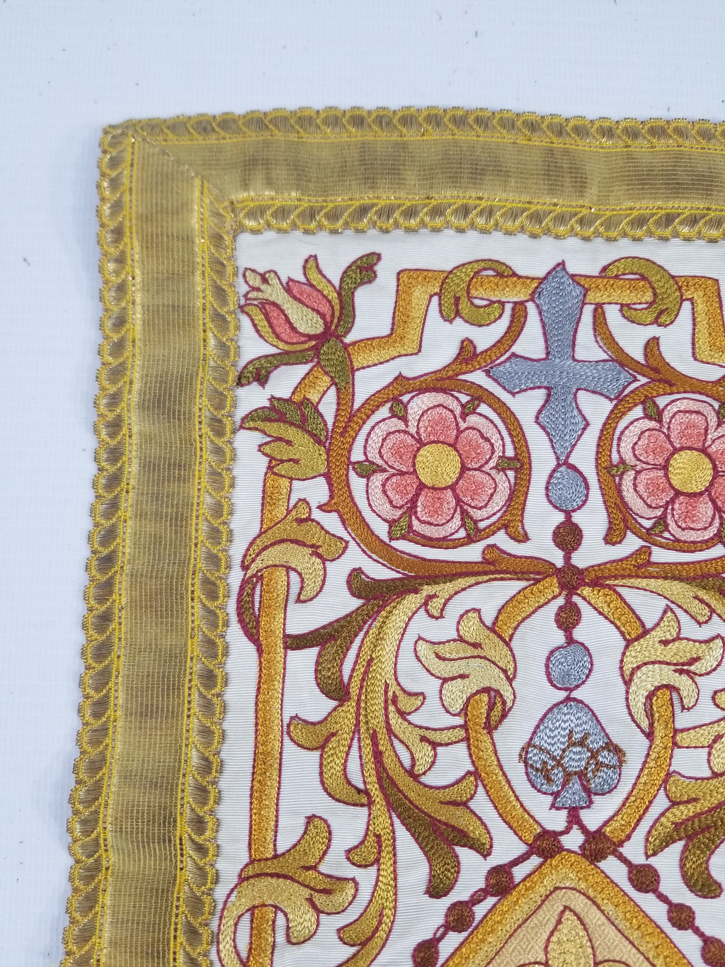 Antique French Gothic Revival Silk Embroidered Church Textile Fragment 75x23cm