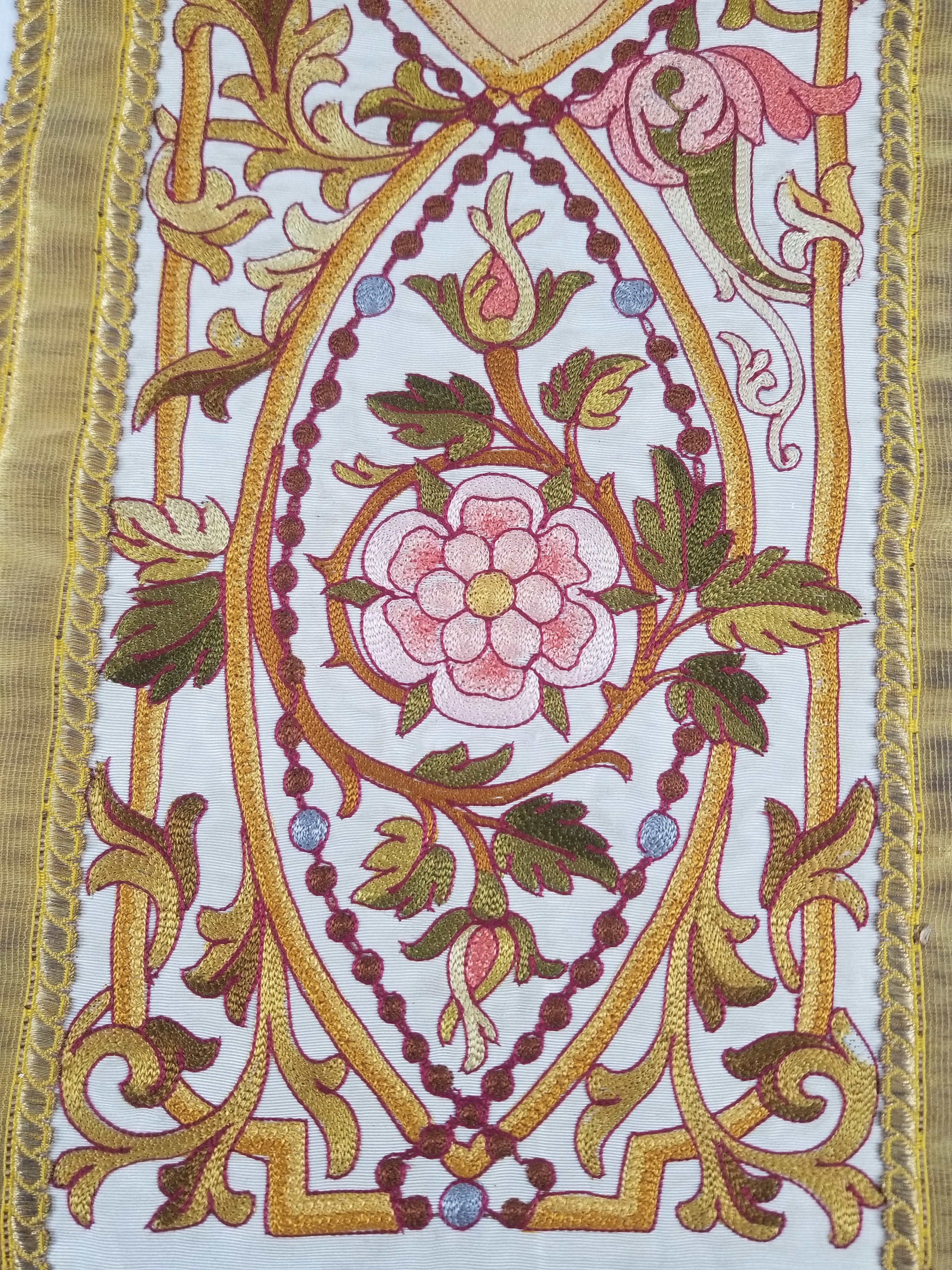 Antique French Gothic Revival Silk Embroidered Church Textile Fragment 75x23cm