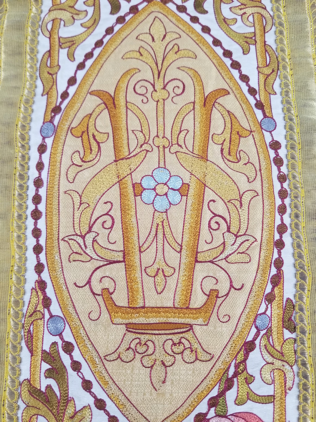 Antique French Gothic Revival Silk Embroidered Church Textile Fragment 75x23cm