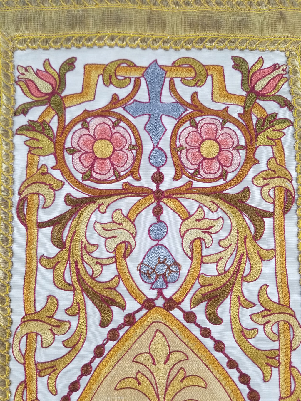 Antique French Gothic Revival Silk Embroidered Church Textile Fragment 75x23cm