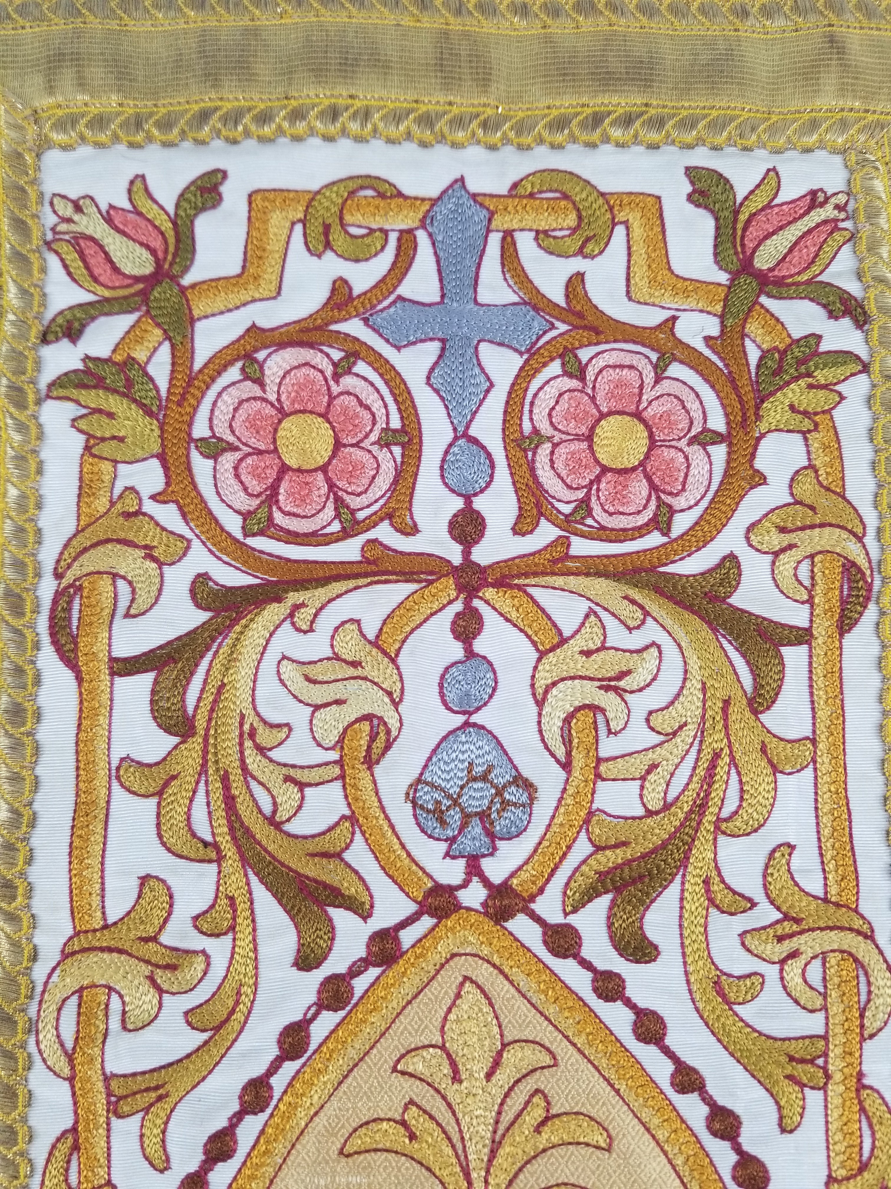 Antique French Gothic Revival Silk Embroidered Church Textile Fragment 75x23cm