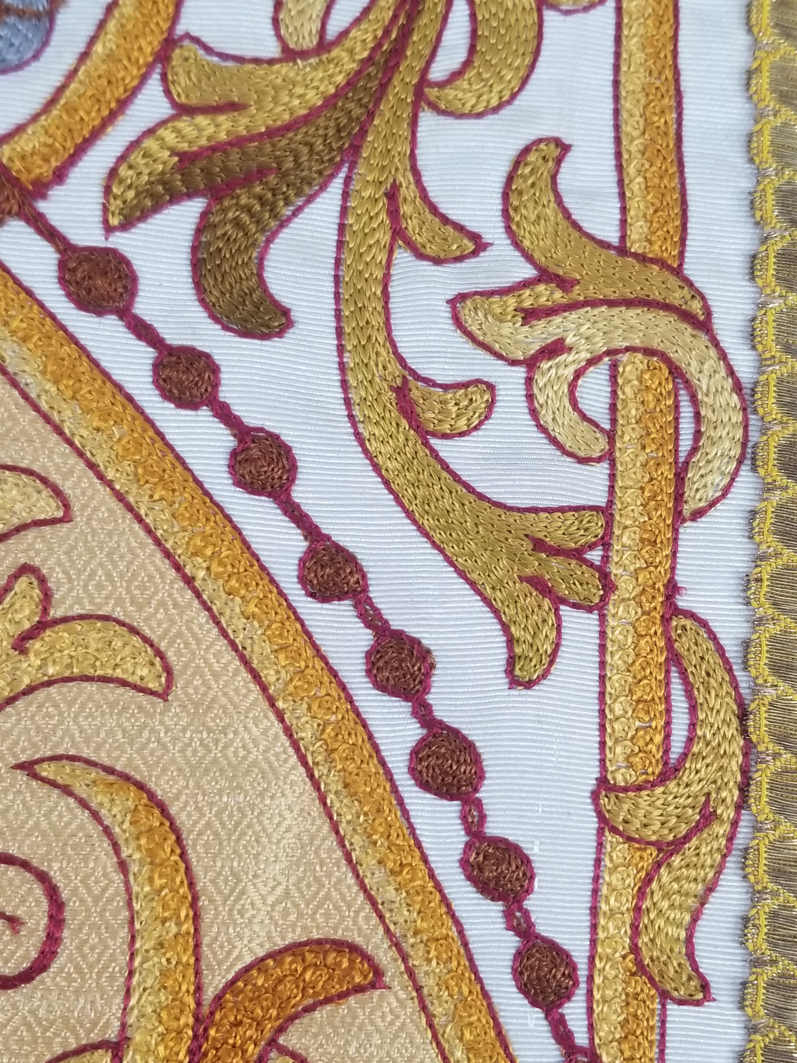 Antique French Gothic Revival Silk Embroidered Church Textile Fragment 75x23cm
