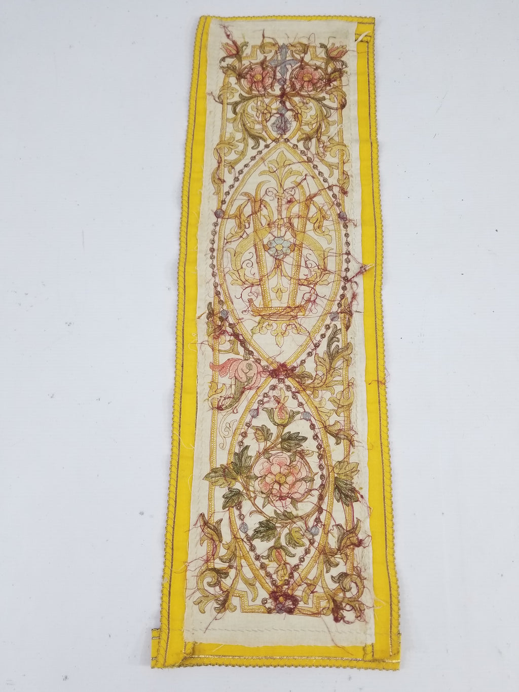Antique French Gothic Revival Silk Embroidered Church Textile Fragment 75x23cm
