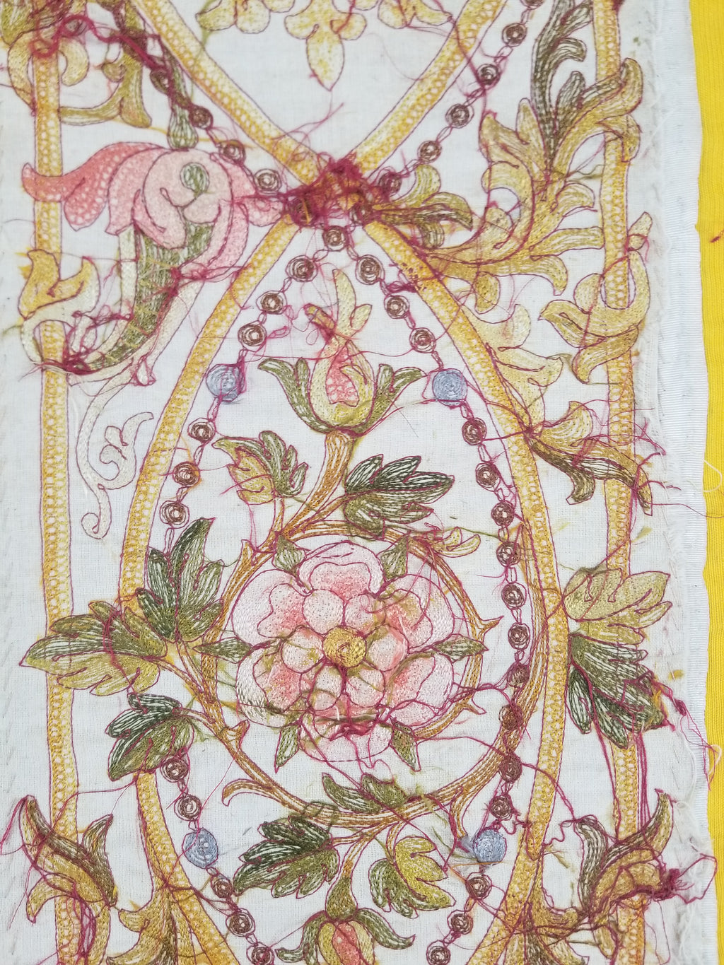 Antique French Gothic Revival Silk Embroidered Church Textile Fragment 75x23cm