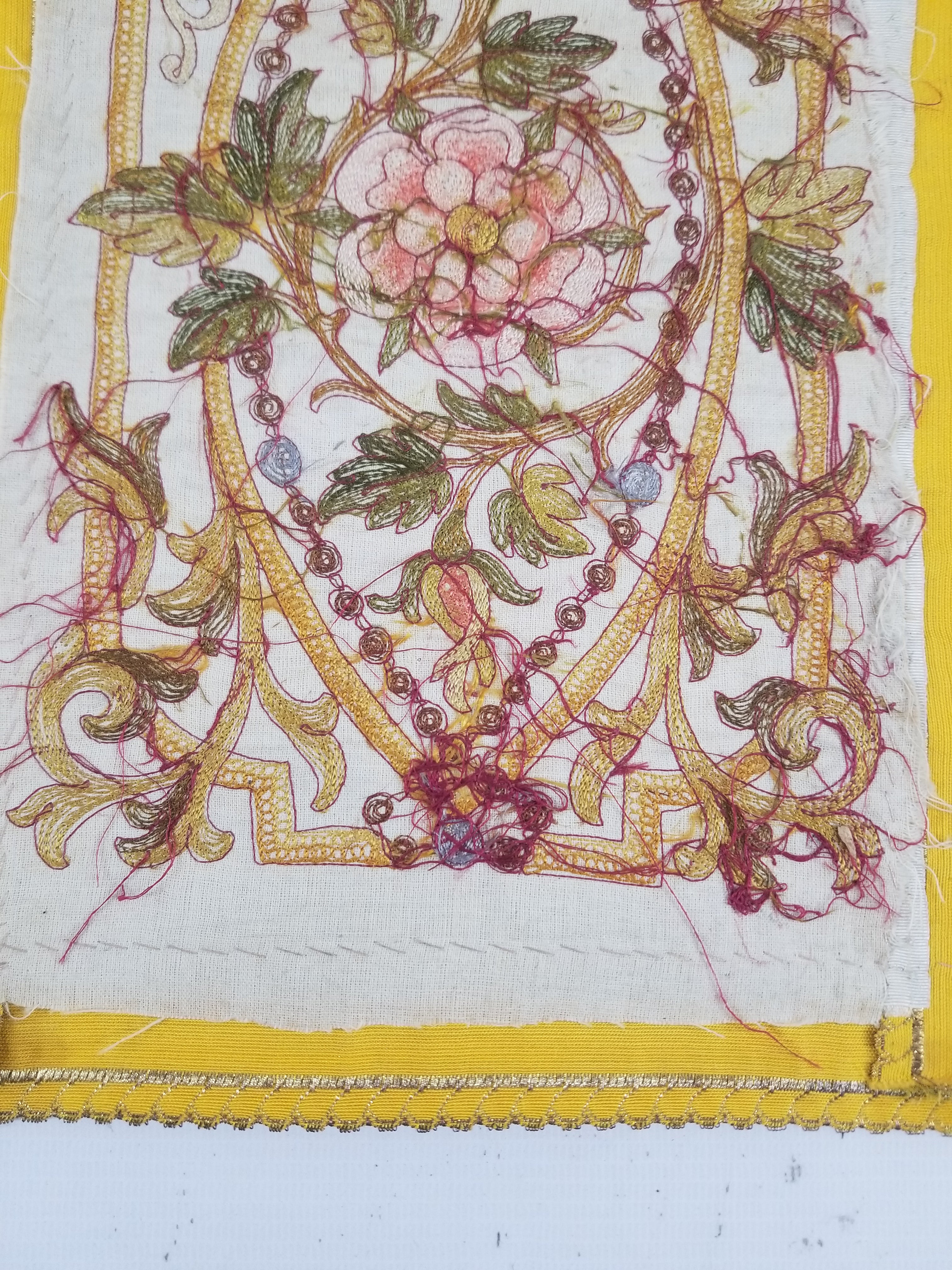 Antique French Gothic Revival Silk Embroidered Church Textile Fragment 75x23cm