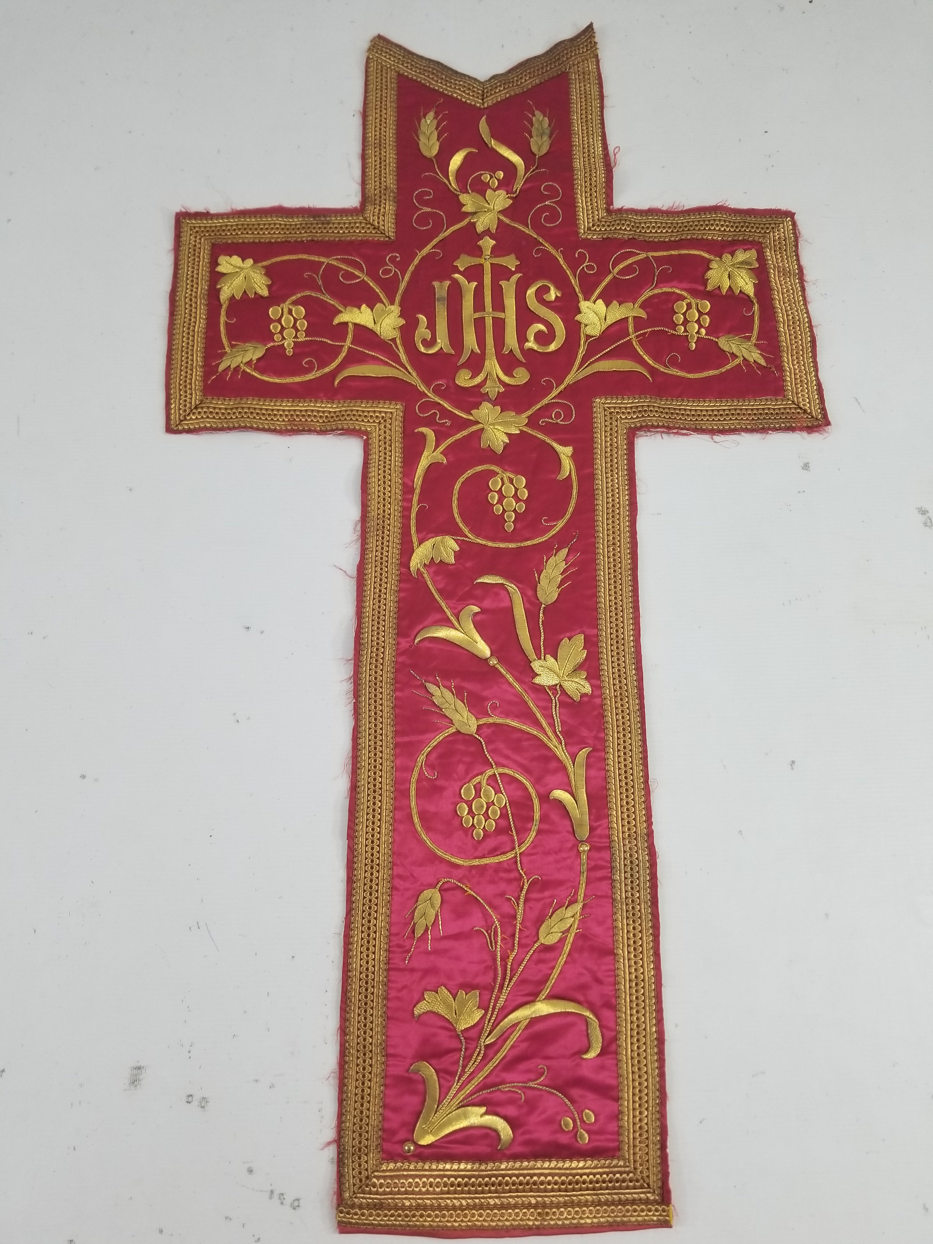 Antique French IHS Metallic Thread Embroidered Cross Ecclesiastical Panel 105x57cm