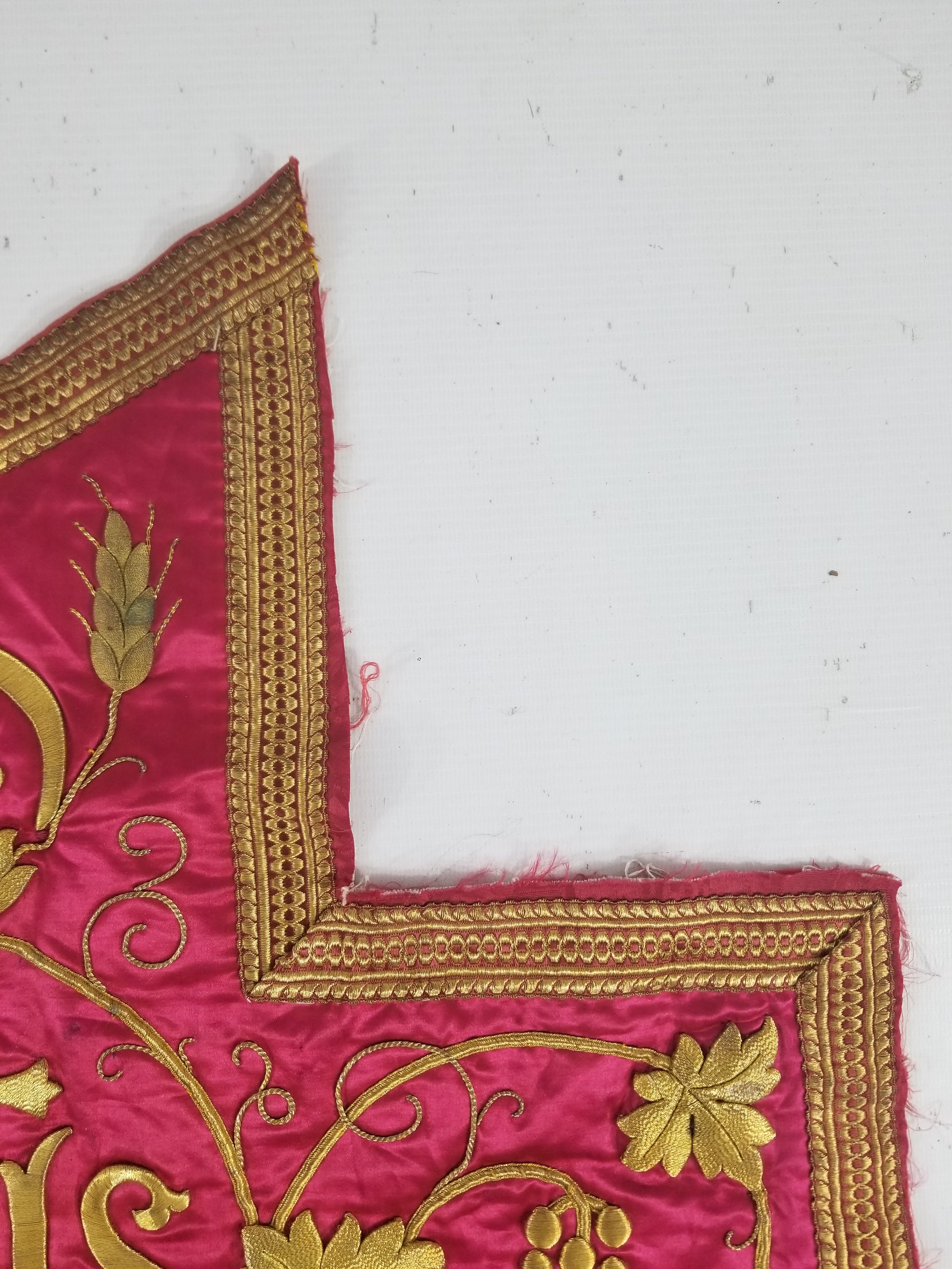 Antique French IHS Metallic Thread Embroidered Cross Ecclesiastical Panel 105x57cm
