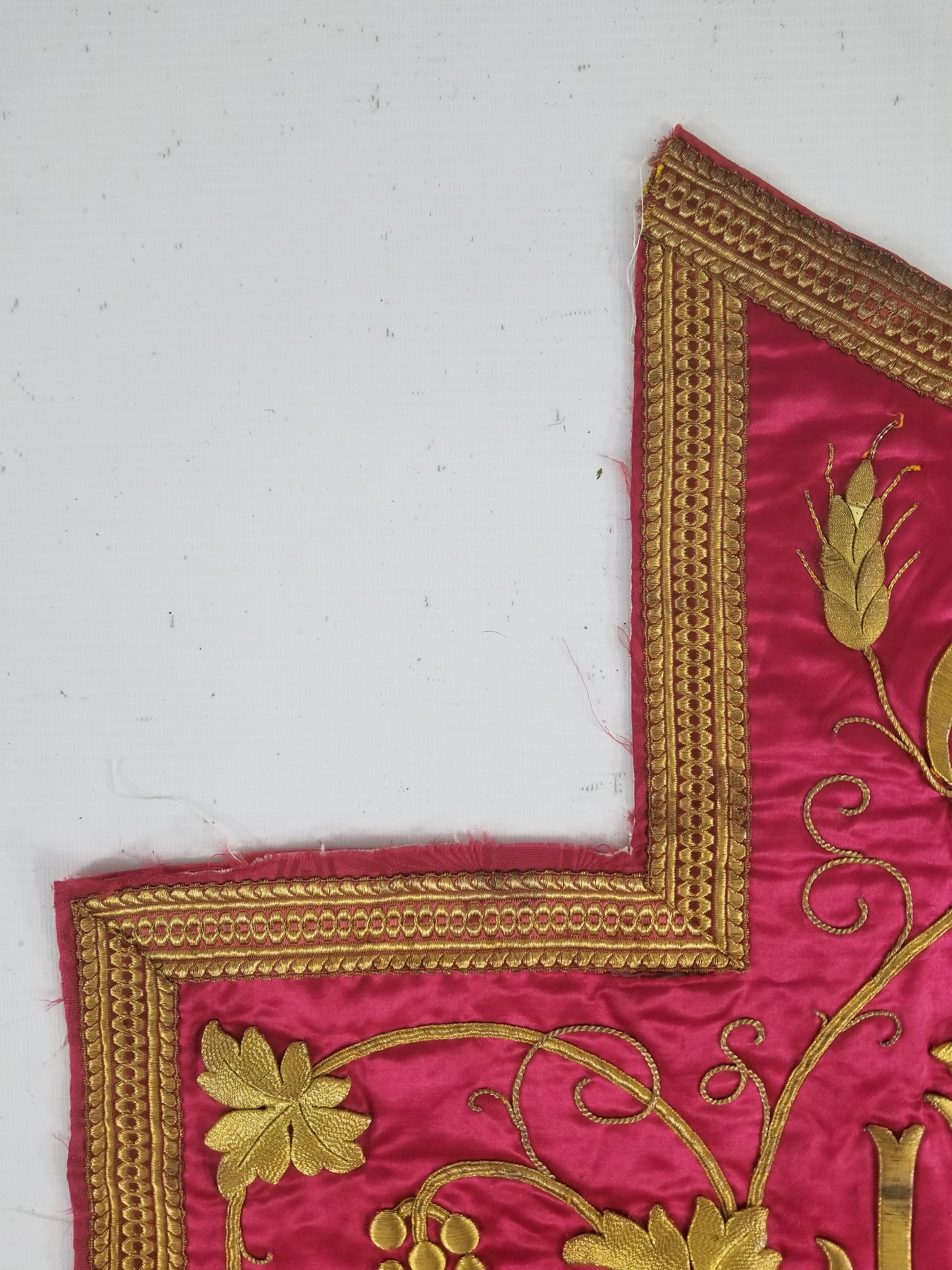 Antique French IHS Metallic Thread Embroidered Cross Ecclesiastical Panel 105x57cm