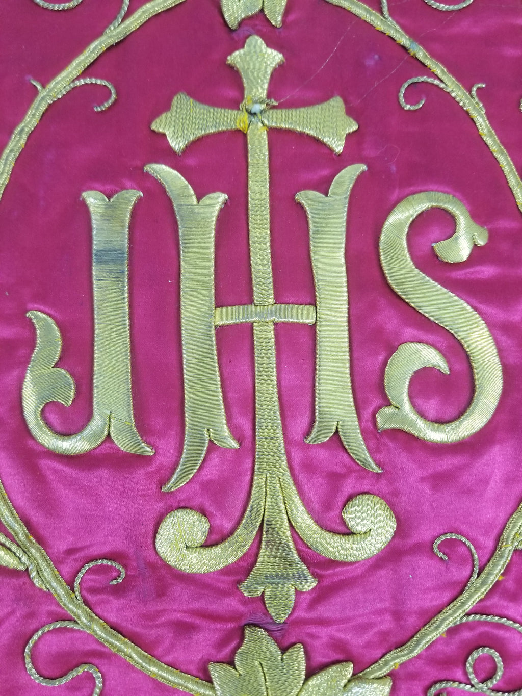 Antique French IHS Metallic Thread Embroidered Cross Ecclesiastical Panel 105x57cm