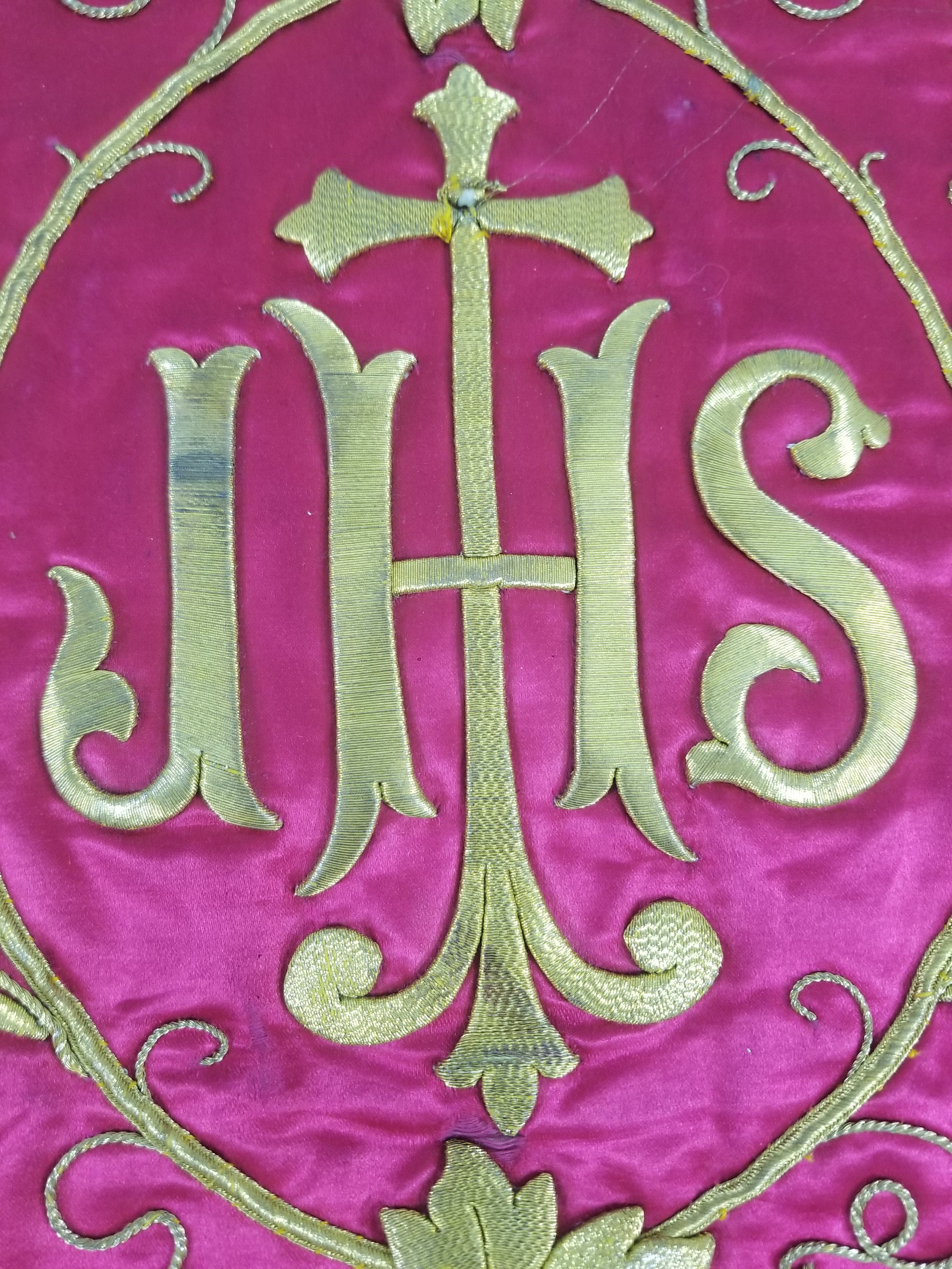 Antique French IHS Metallic Thread Embroidered Cross Ecclesiastical Panel 105x57cm